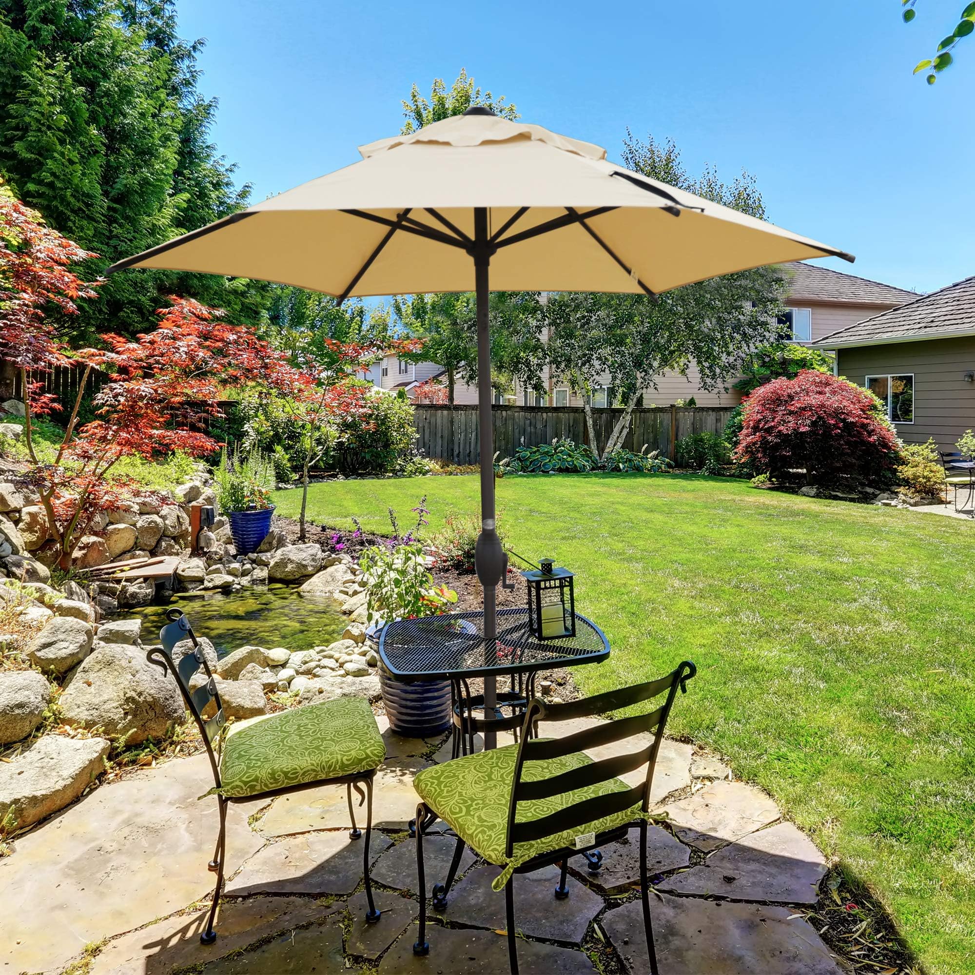 Amazon Com Abba Patio 7 5ft Patio Umbrella Outdoor Umbrella Patio Market Table Umbrella With Push Button Tilt And Crank For Garden Lawn Deck Backyard Pool Cream Garden Outdoor