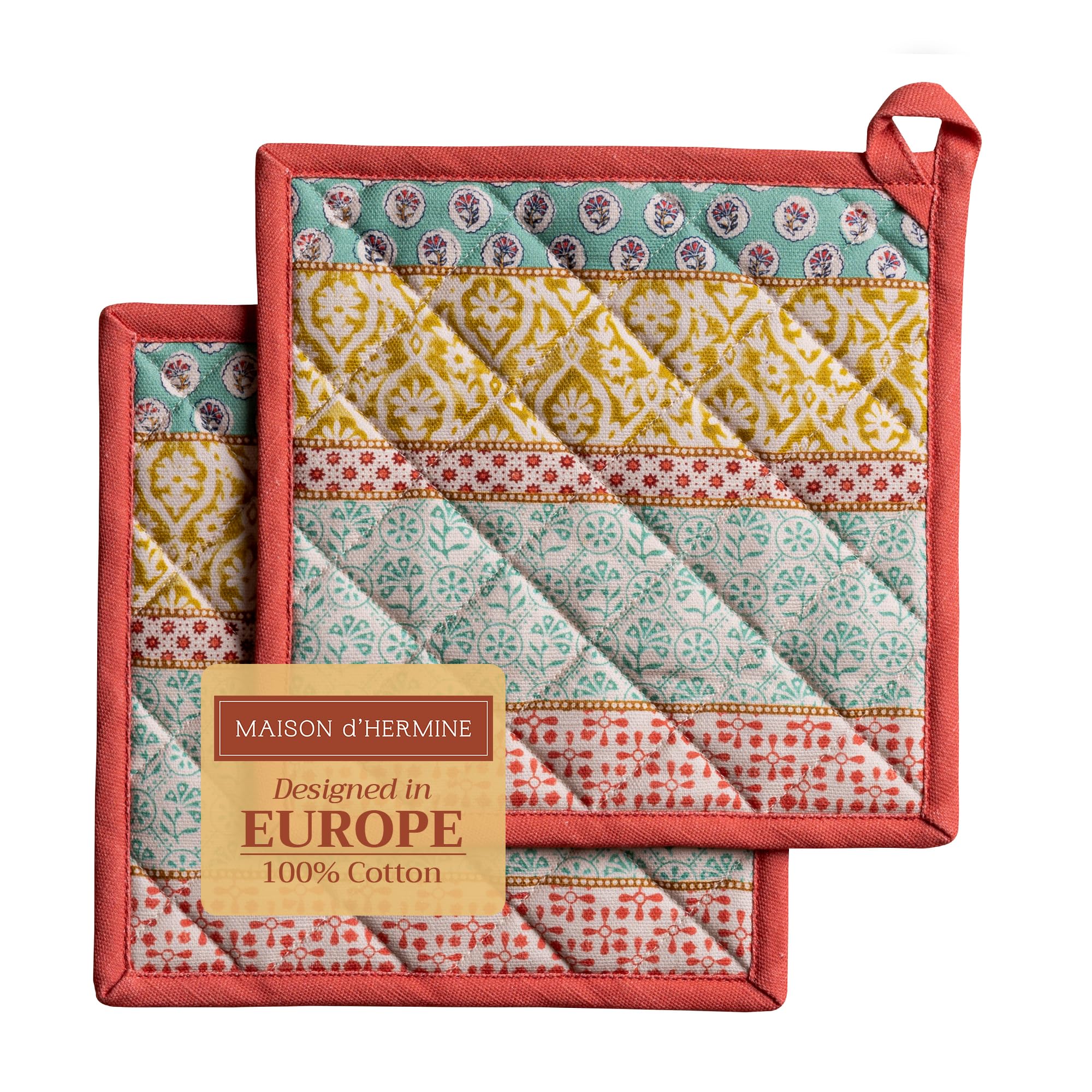 Maison d'Hermine Topflappen-Set, 100% Baumwolle, hitzebeständig, 20 cm x 20 cm, mit Schlaufe zum Grillen, Backen und Anfassen heißer Pfannen, Frühjahr Sommer (Provence, 2er-Pack)