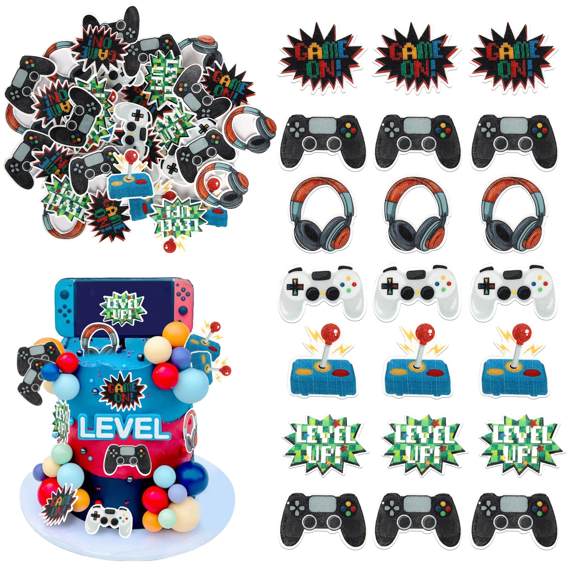 60 PCS Edible Video Game Cupcake Toppers GamePad Cake Decorations Edible Game On Controllers Cupcake Picks for Game Theme Baby Shower Boys Girls