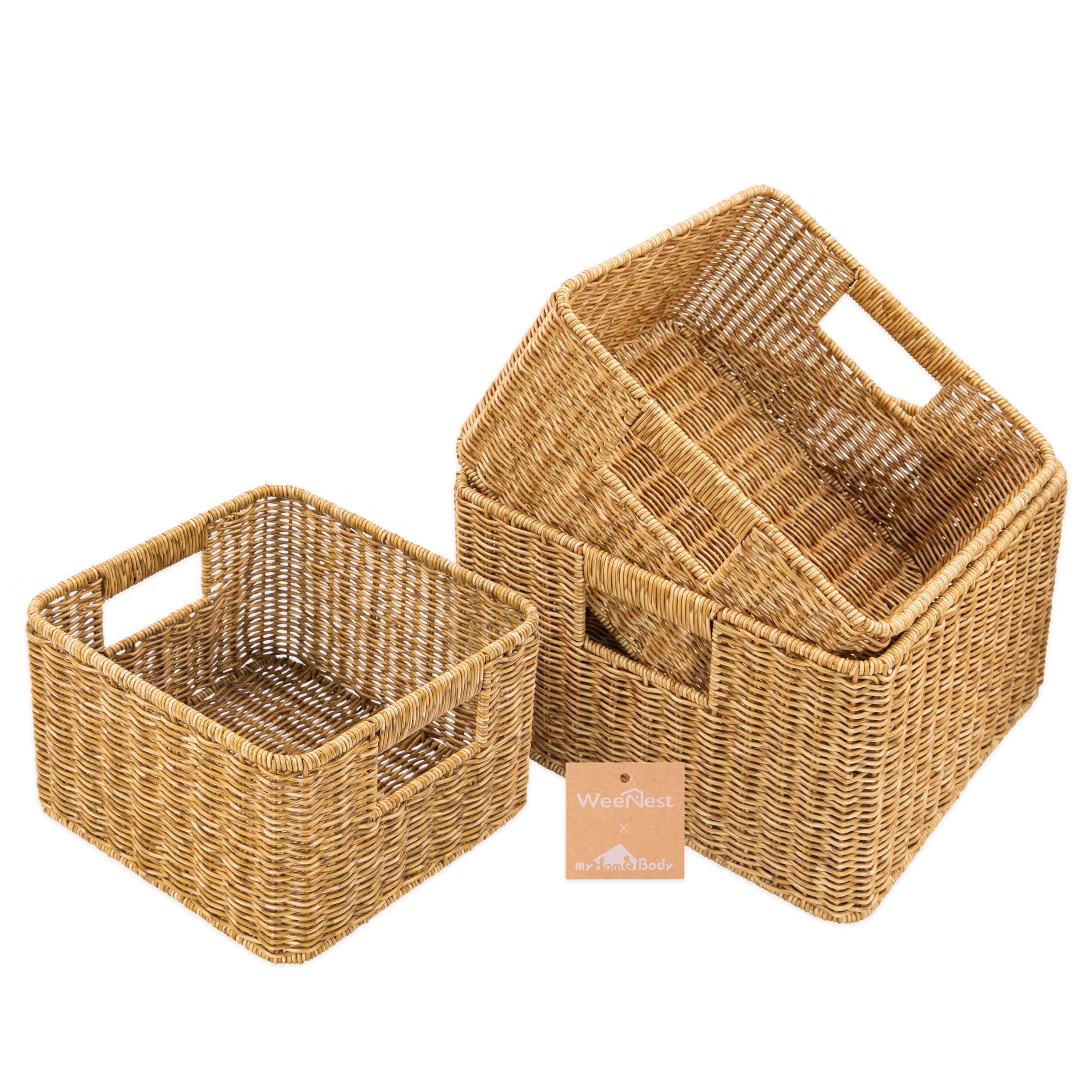 Myhomebody Tan Wicker Storage Basket, Storage Cubes, Woven Baskets For Organizing, Resin Wicker Set Of 3,