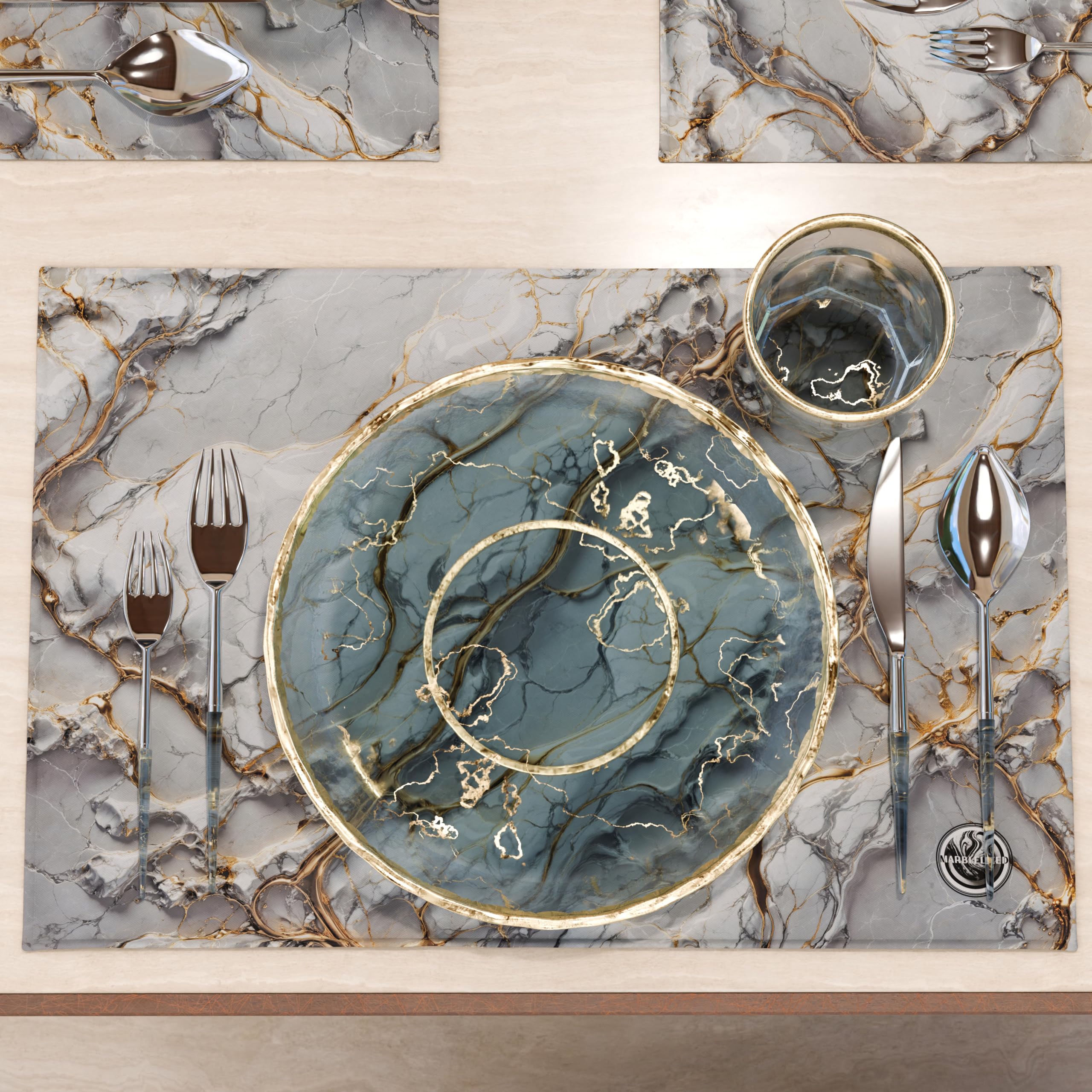 MARBLELIZED, Washable American Placemats, Light Grey Marble Effect Fabric Placemats, Set of 2 (30 x 45 cm), Elegant - Image 3