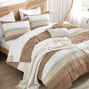 Litanika Beige California King Comforter Set, 3 Pieces Cal King Lightweight Taupe Khaki White Colorblock Stripe Bedding Comforter Sets, Fluffy Bed Set