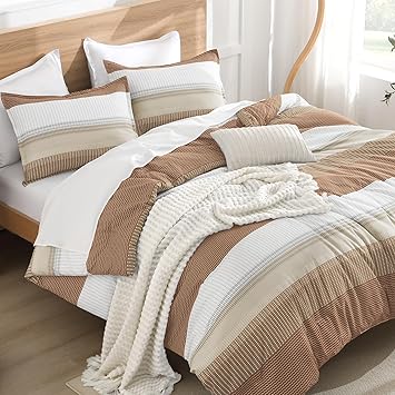 Litanika Beige California King Comforter Set, 3 Pieces Cal King Lightweight Taupe Khaki White Colorblock Stripe Bedding Comforter Sets, Fluffy Bed Set