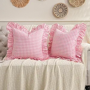2 Pack Pink/White Plaid Ruffled Checkered Throw Pillow Cover 20 x20 inches, Washed Cotton Vintage Farmhouse Pillow Sham Decorative Gingham Pillowcases for Bed/Living Room