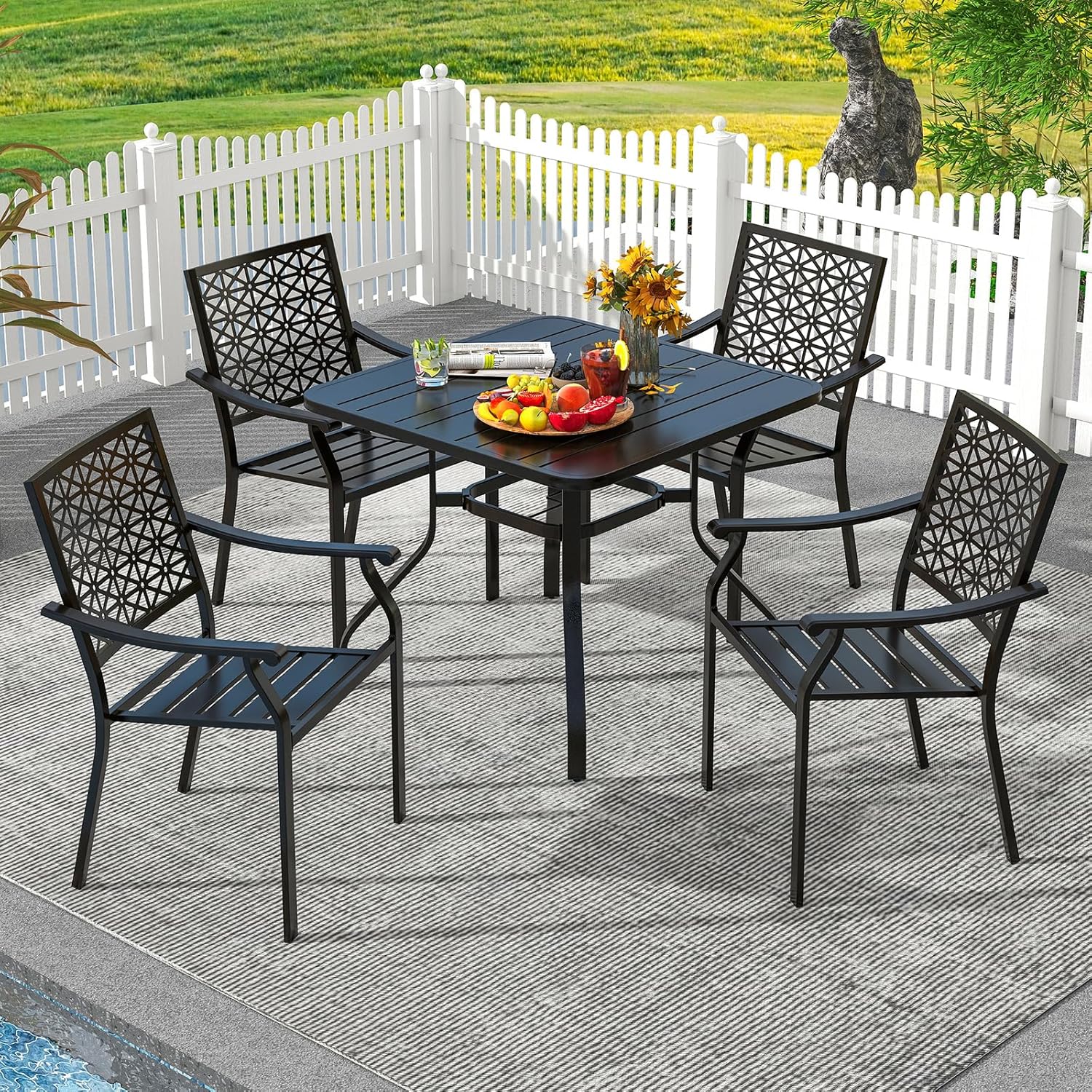 Tangkula Stackable Metal Patio Dining Chairs Set of 2, Bistro Chairs with Armrests & Metal Frame, Outdoor Patio Chairs for Deck, Porch, Garden, Balcony & Backyard (Black)