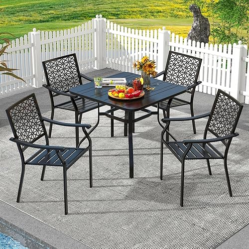 Miniatura 3 de Tangkula Juego de comedor de metal de 5 piezas, mesa de comedor cuadrada de 37 pulgadas con 4 sillas apilables, mesa de listones con agujero para