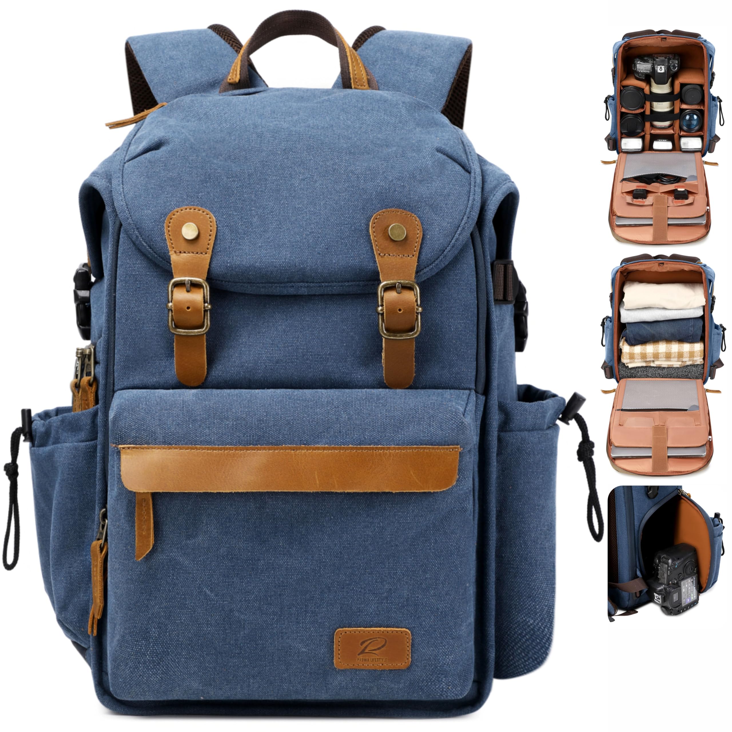 Padwa Lifestyle Blue Canvas Camera Backpack - Professional DSLR &amp; UAV Camera Bag,Anti Theft Camera Backpack with Rain Cover,Large Capacity Photography Travel Camera Bag with Multi Compartments
