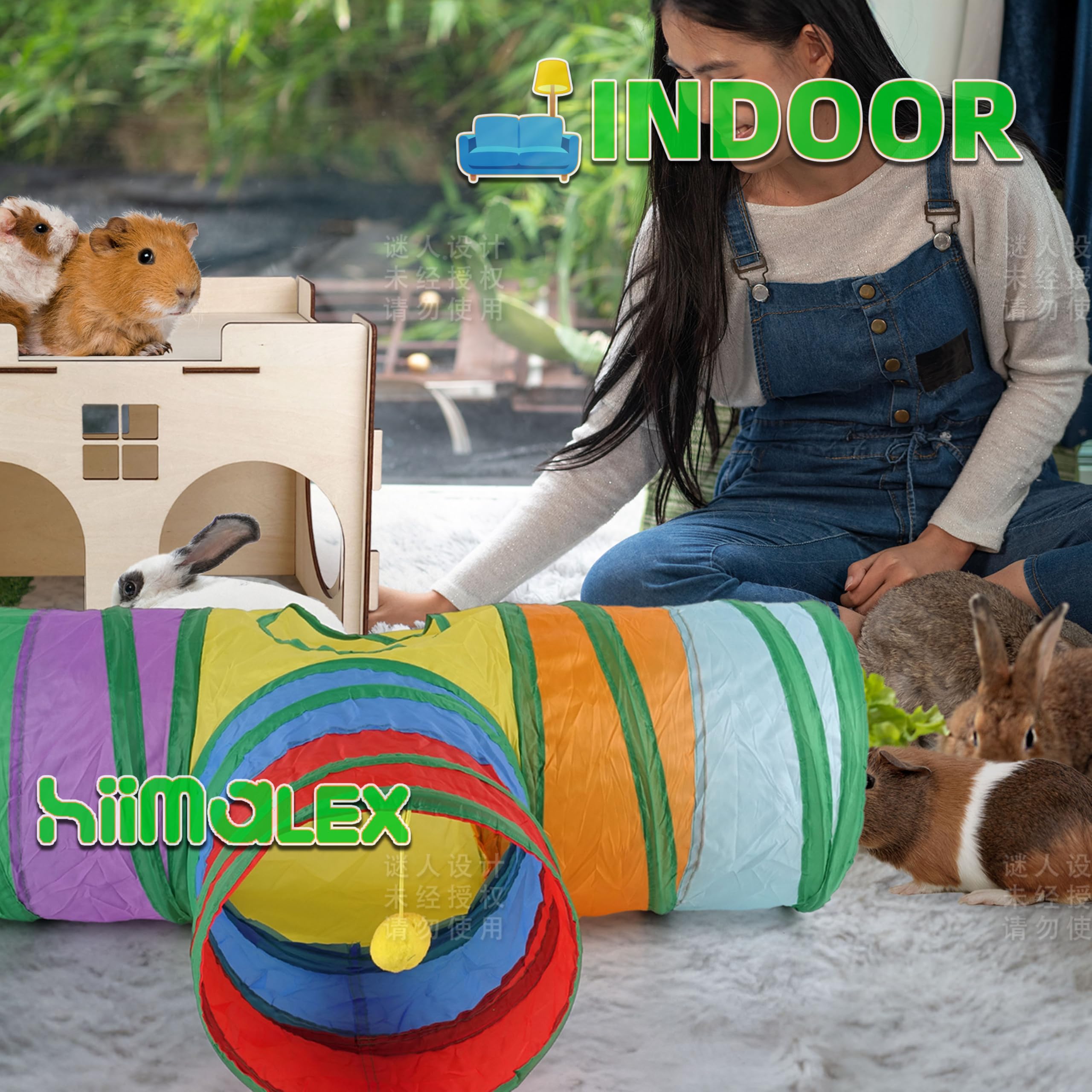hiimalex Caja de regalo de conejo: castillo de conejo con rampa, cama de felpa, túnel colorido para conejos de interior para jugar, esconder casa con escaleras, tubo, cama de felpa para conejos,