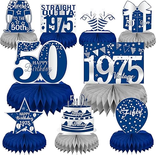 LINAYE Decoraciones de cumpleaños número 50 para hombres, centros de mesa de panal azul y plateado para fiesta de cumpleaños de 50 años, centros de