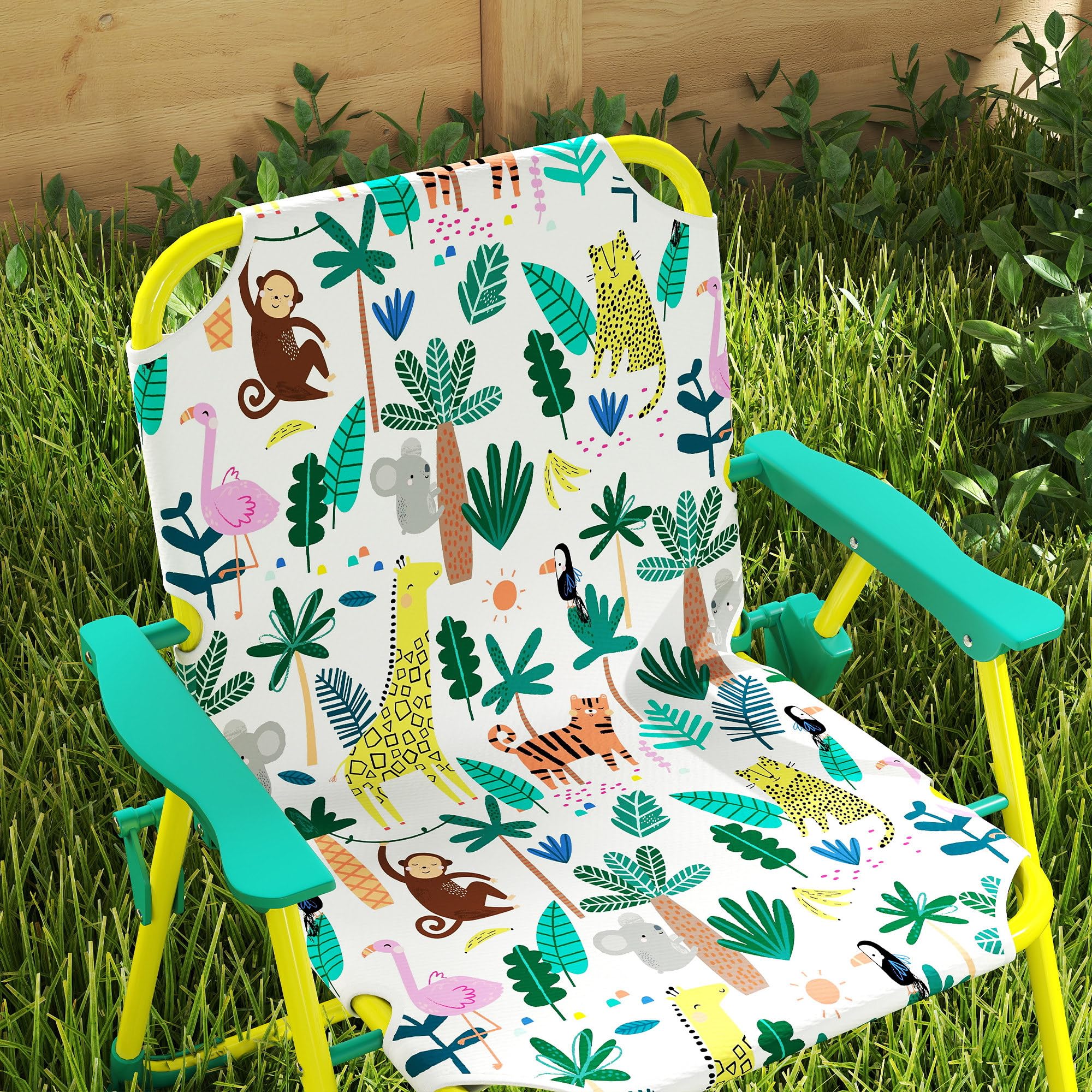 AIYAPLAY Conjunto de Mesa y Sillas Infantil de Jardín de 4 Piezas, Mesa Infantil con Sillas Plegables, Sombrilla Desmontable, Diseño de Jungla, para Patio, Pícnic, Verde