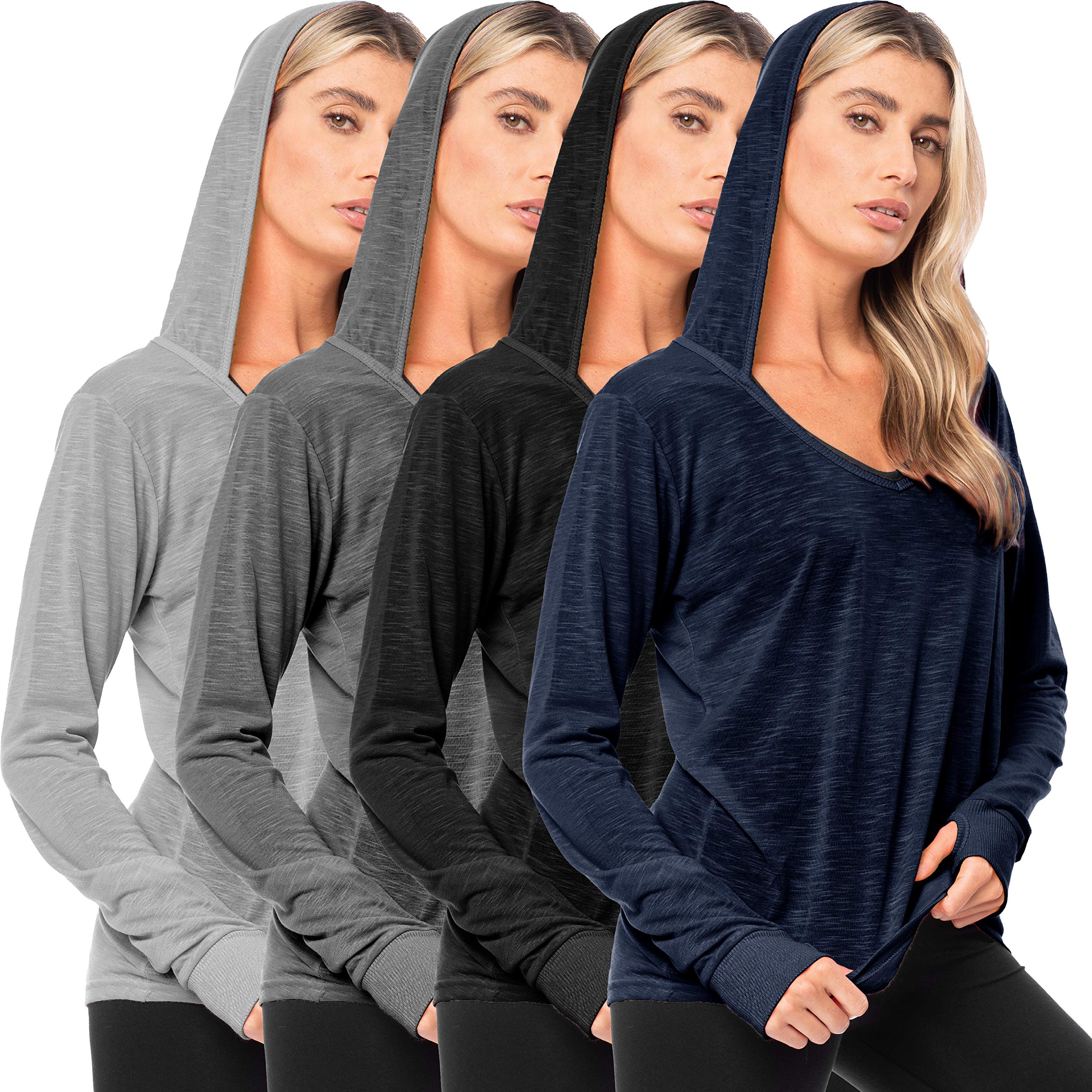 Sexy Basics Women's 4 Pack Flowy Slub Burnout Long Sleeve Hoodie V Neck Shirt with Thumb Hole/Light & Active Tops, 4 Pack- Black, Navy, Charcoal, Grey, XXL
