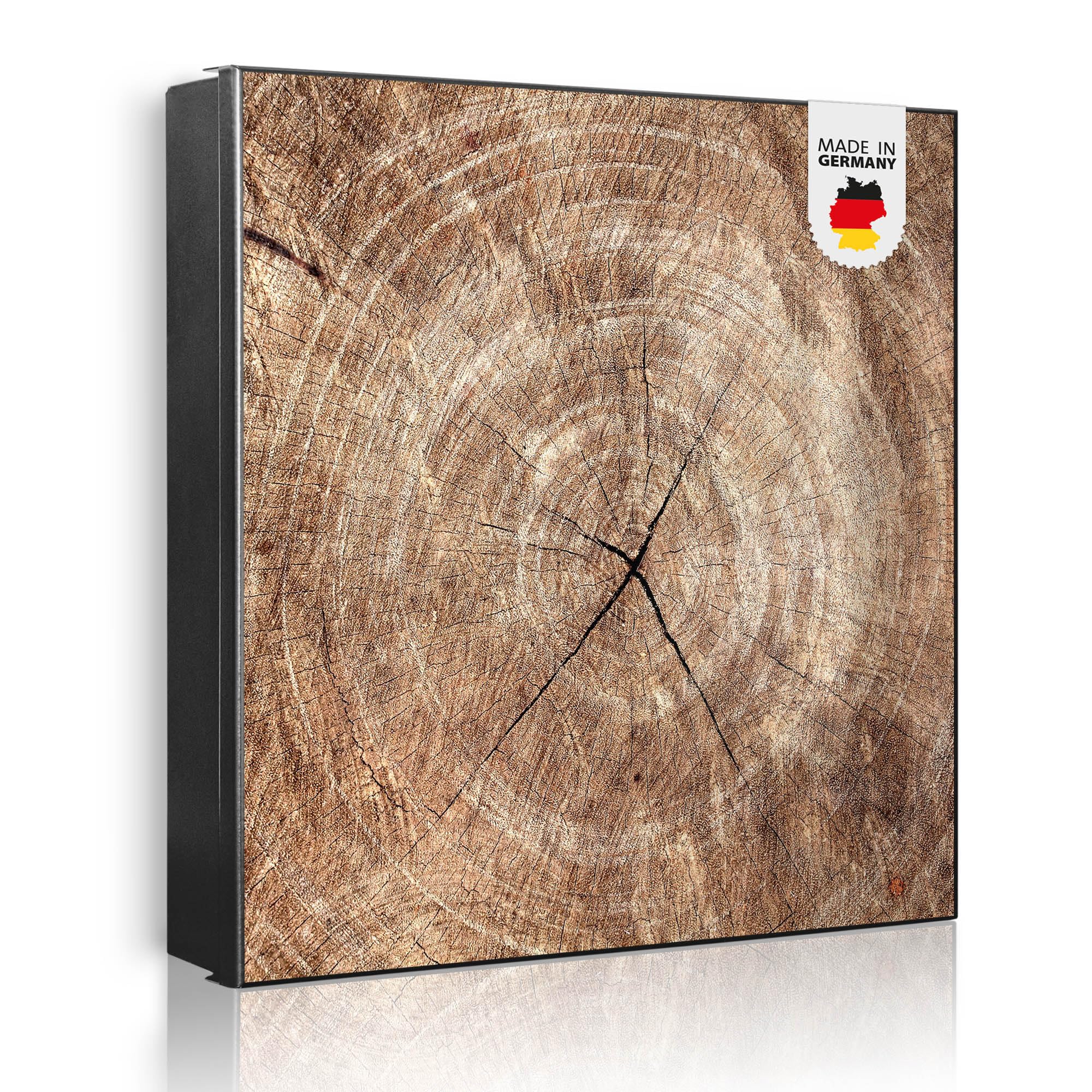 banjado Großer Schlüsselkasten Metall - Schlüsselbox 30x30cm beschreibbarer mit 32 Haken - Schlüsselkasten modern für Schlüsselaufbewahrung - Korpus Schwarz Scharnier Rechts - Motiv Holzkreis mit Riss
