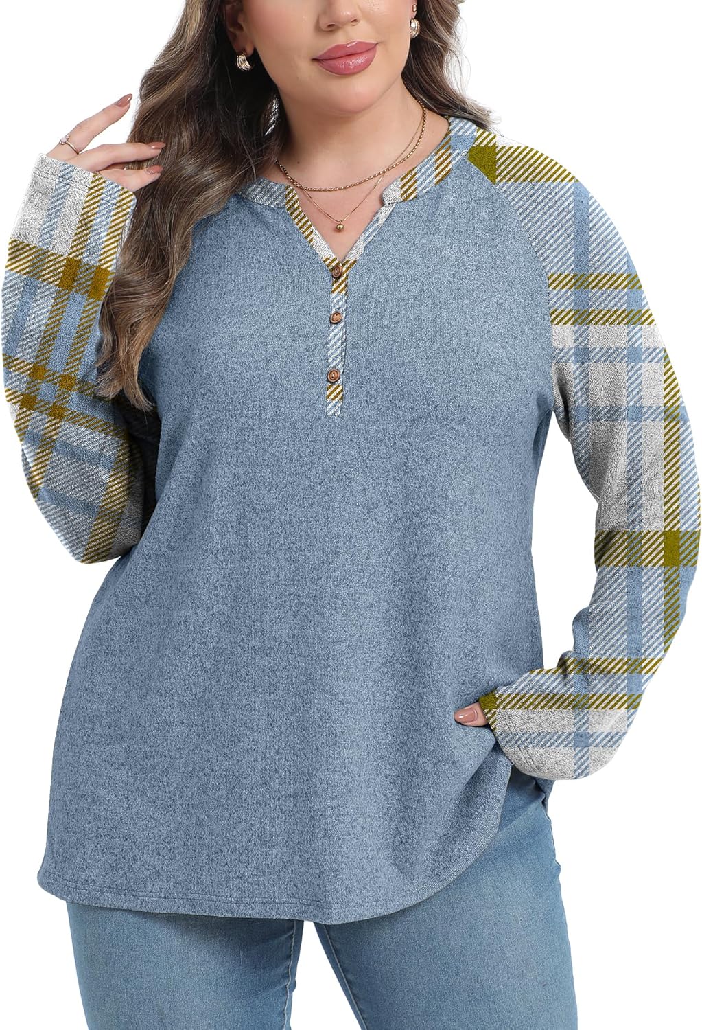 OLRIK Plus Size Tops for Women 2025 Fall Plaid Long Sleeve Henley Shirts Casual V Neck Button Tunic Tops