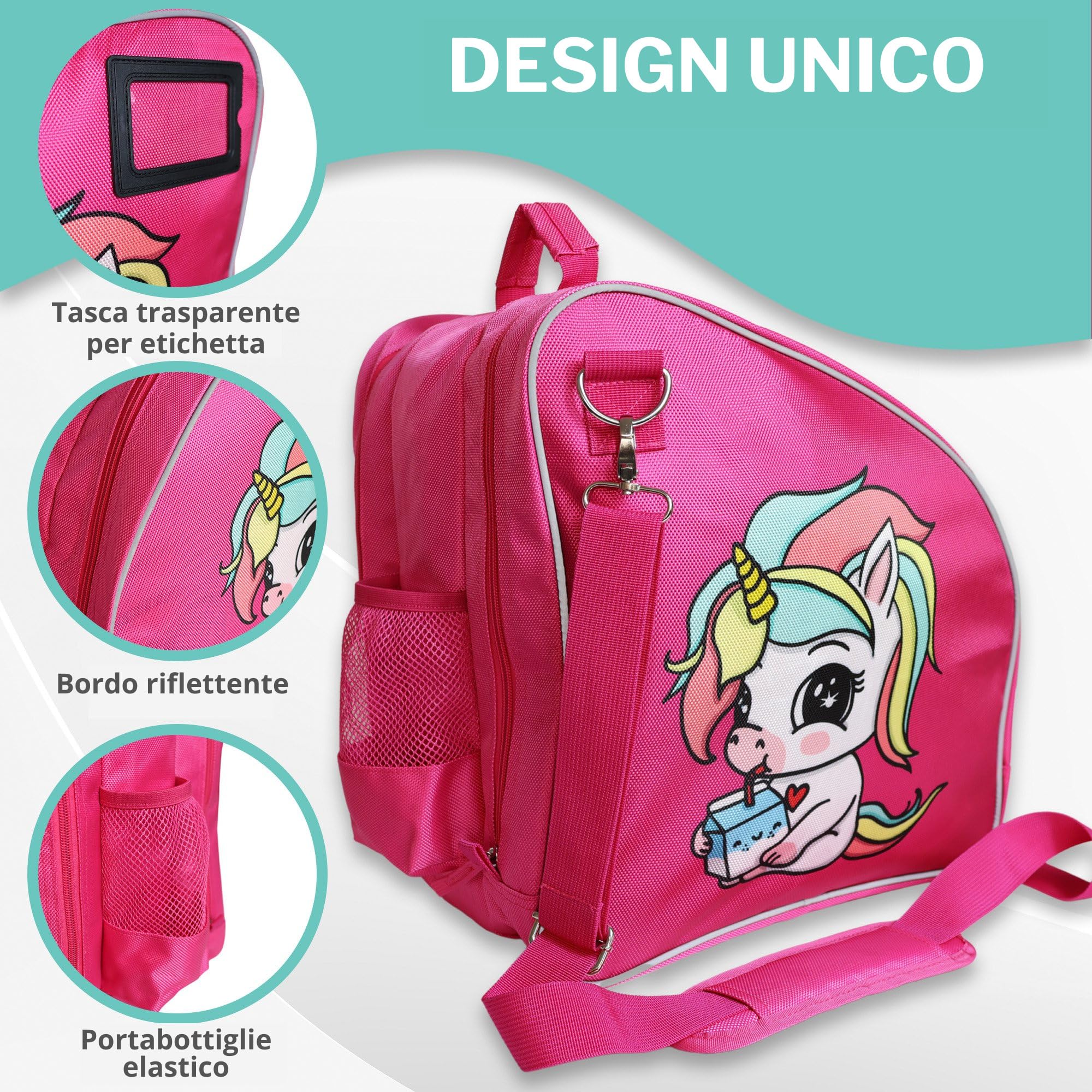 Borsa per Pattini Bambina | Pattini a Rotelle e In Linea | Sacca Resistente e Regolabile | Tasche Capienti e Traspirante | Design Colorato e Riflettente