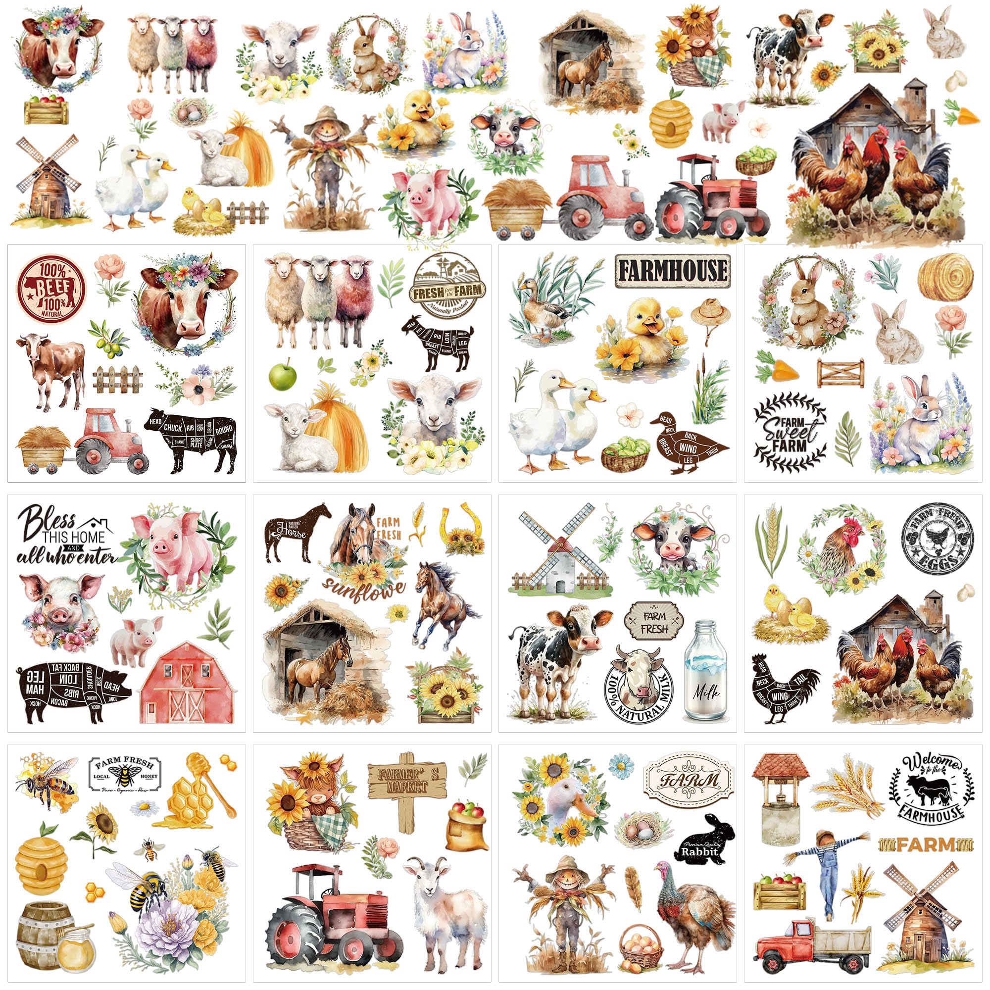 Rub on Transfers for Crafts Furniture Stickers: 12 Pcs Farmland Animal Rub on Transfer for Crafting Decals Cow Pig Rooster Sheep Iod Transfer Stickers