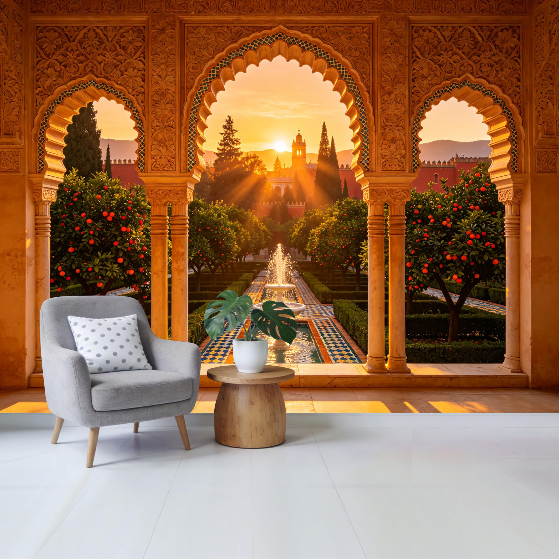 Custom Size Wall Mural Moroccan Courtyard Sunset Fountain Landscape Removable Self Adhesive Fabric Home Wall Decor for Living Room Bedroom Bathroom