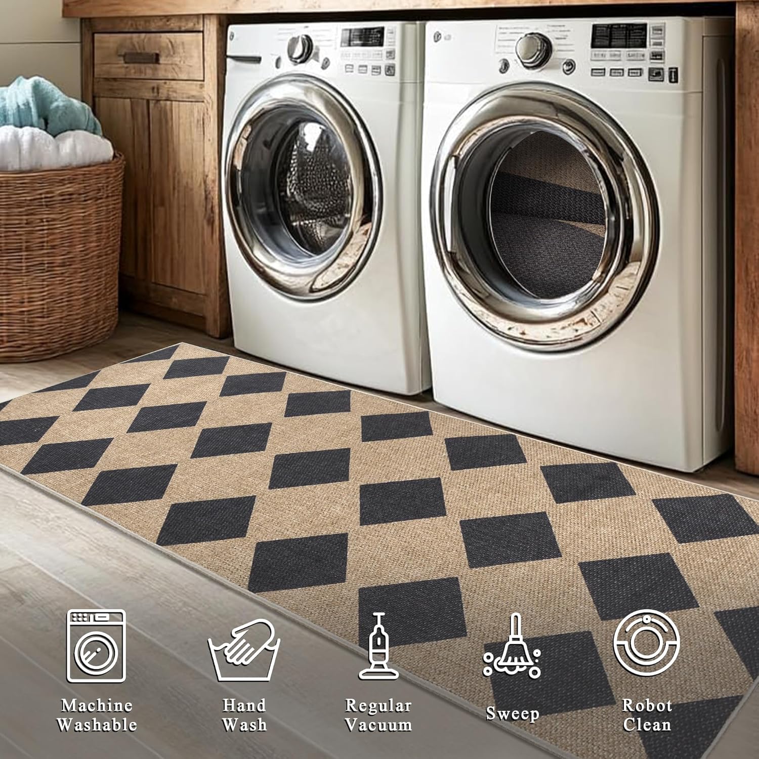 Checkered Easy Jute Rug 3x5 Outdoor Patio Rug Washable Rugs for Entryway Porch Non Slip Neutral Diamond Farmhouse Indoor Outdoor Carpet for Entryway Backyard Patio Office