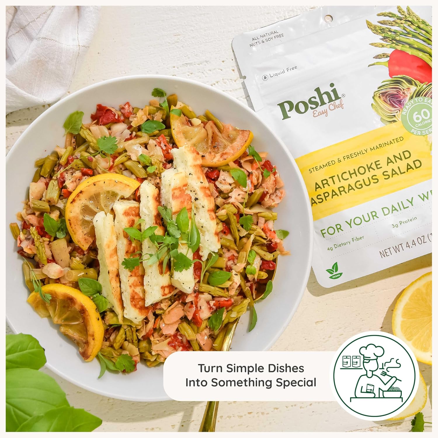 POSHI Artichoke & Asparagus Salad Natural, Keto, Vegan, Non GMO, Low Carb + Calorie, Gluten Free, Ready to Eat, Fully Cooked Vegetables, Pentry Food, Gourmet, Healthy, Travel Food, 6 Pack, 4.4 oz