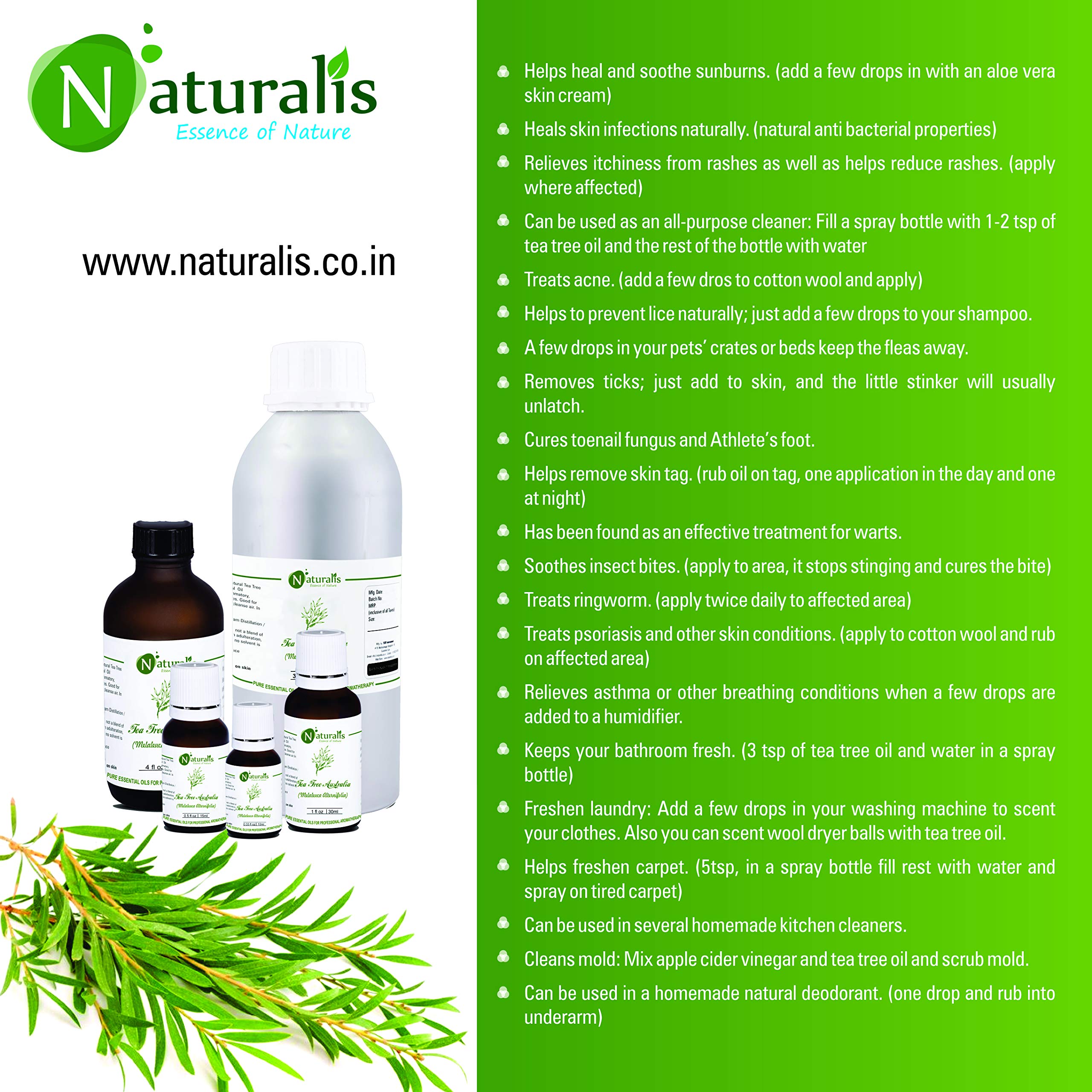 Naturalis Essence of Nature Australian Tea Tree Essential Oil for Acne, Pimples, Scars, Skin, Face, Hair care & Anti-Dandruff - 1000ml 3