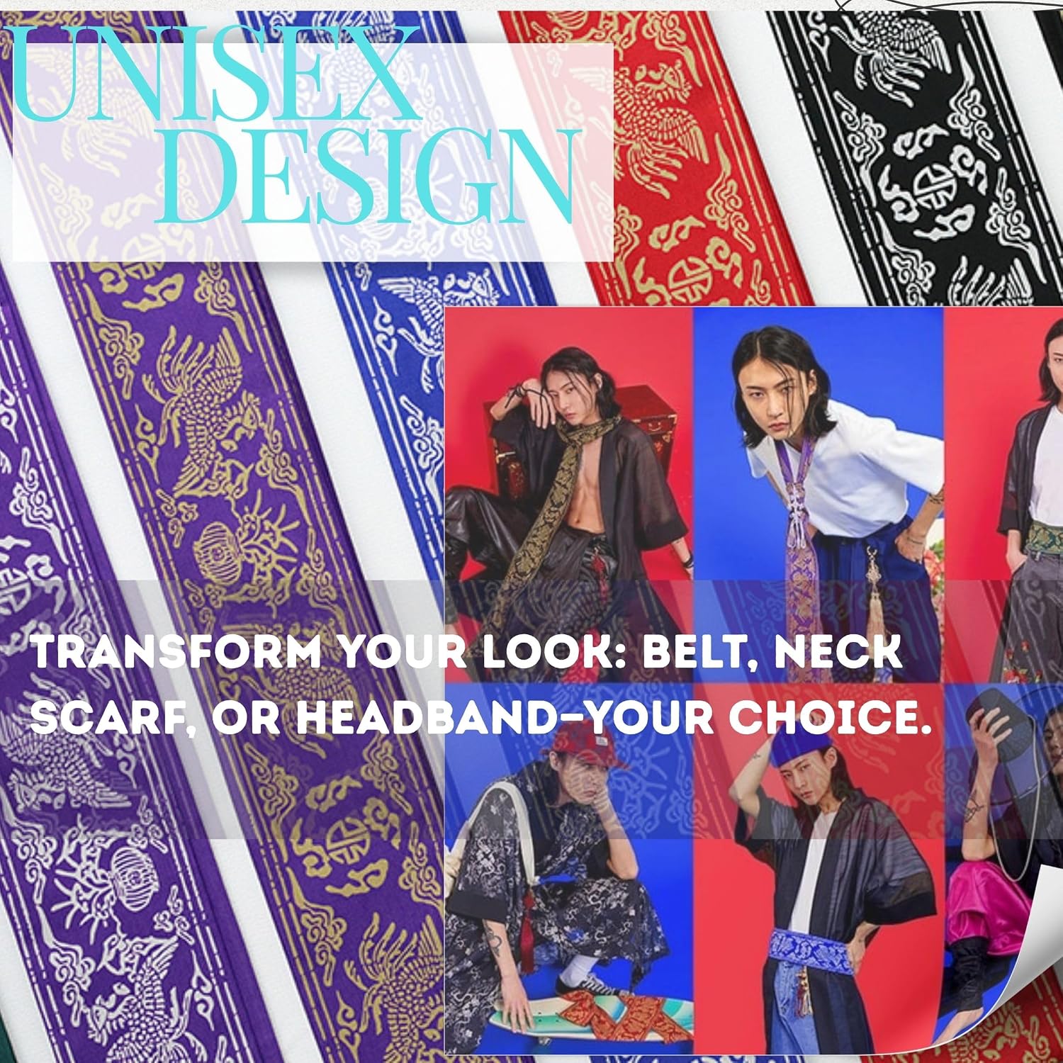 Korean Phoenix Motif Sash Belt, 270cm Hanbok-Inspired Waist Belt, Unisex, 7 Colors, Traditional K-pop Pattern