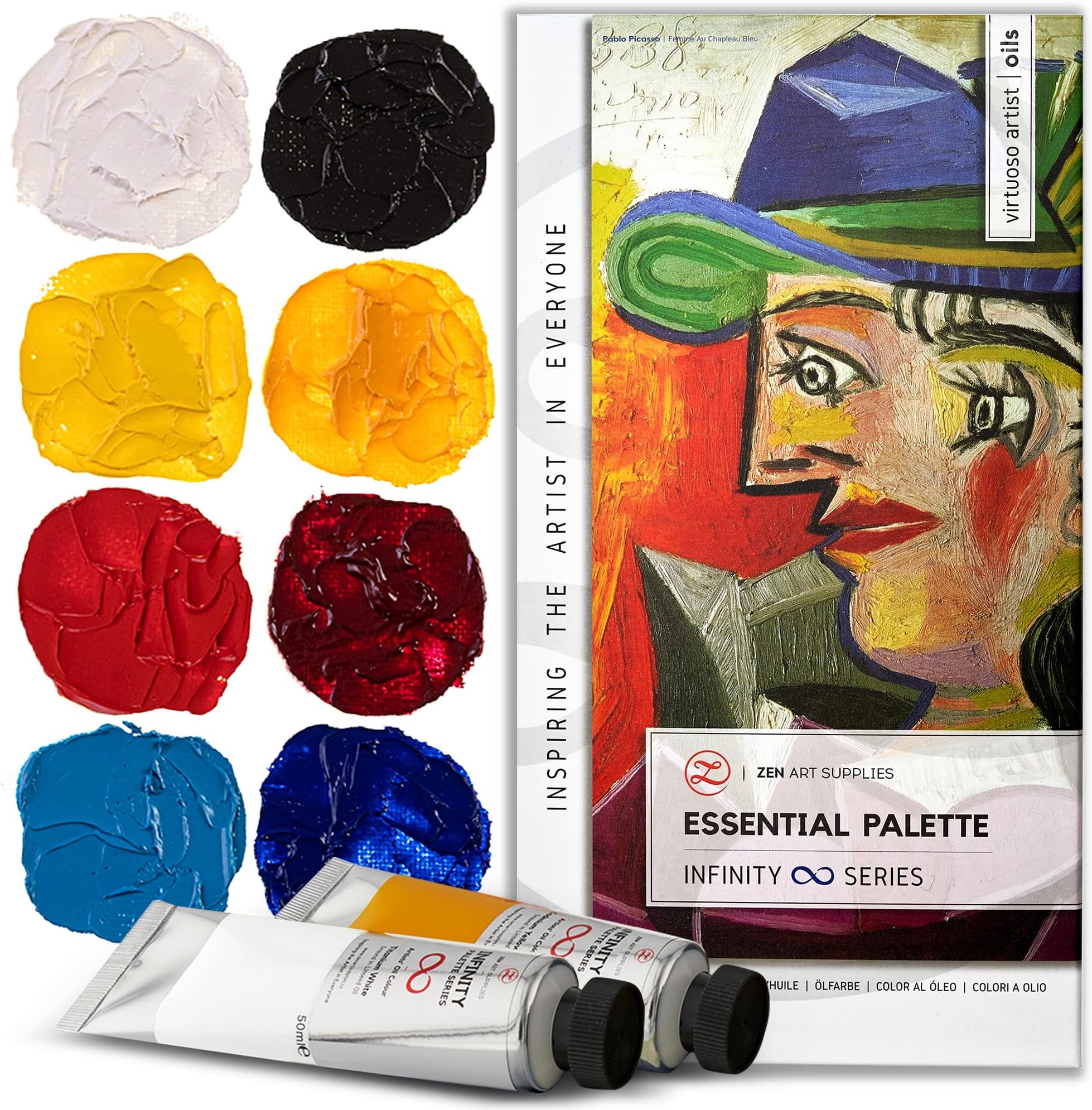 Professional Oil Paints Set - 8 x Large 45ml Tubes - Essential Palette for Artists Eco-Friendly Non-Toxic and Lightfast Paint with Exceptional Pigment Load - The Infinity Series by