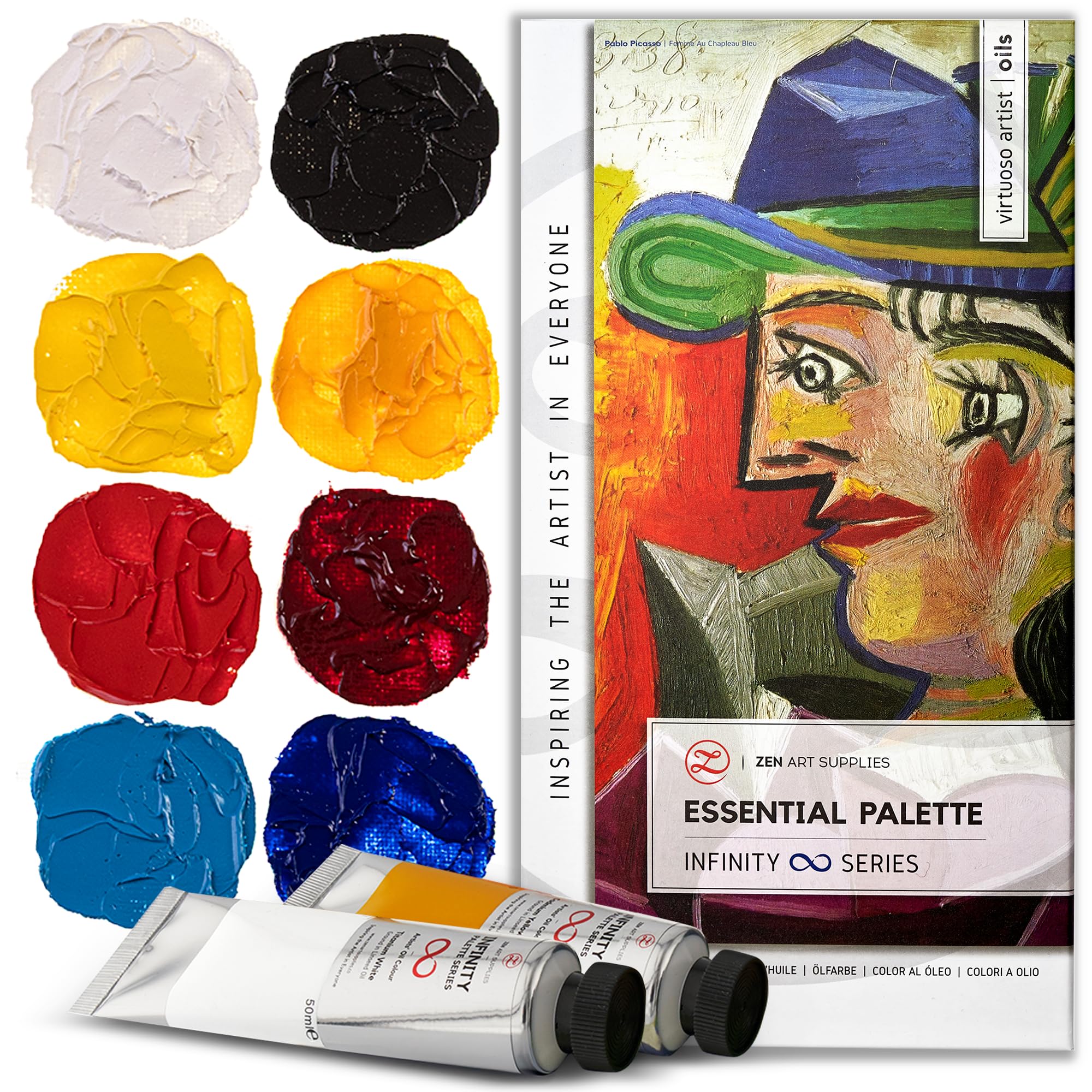 ZenART Supplies Professional Oil Paints Set - 8 x Large 45ml Tubes - Essential Palette for Artists Eco-Friendly Non-Toxic and Lightfast Paint with Exceptional Pigment Load - The Infinity Series by