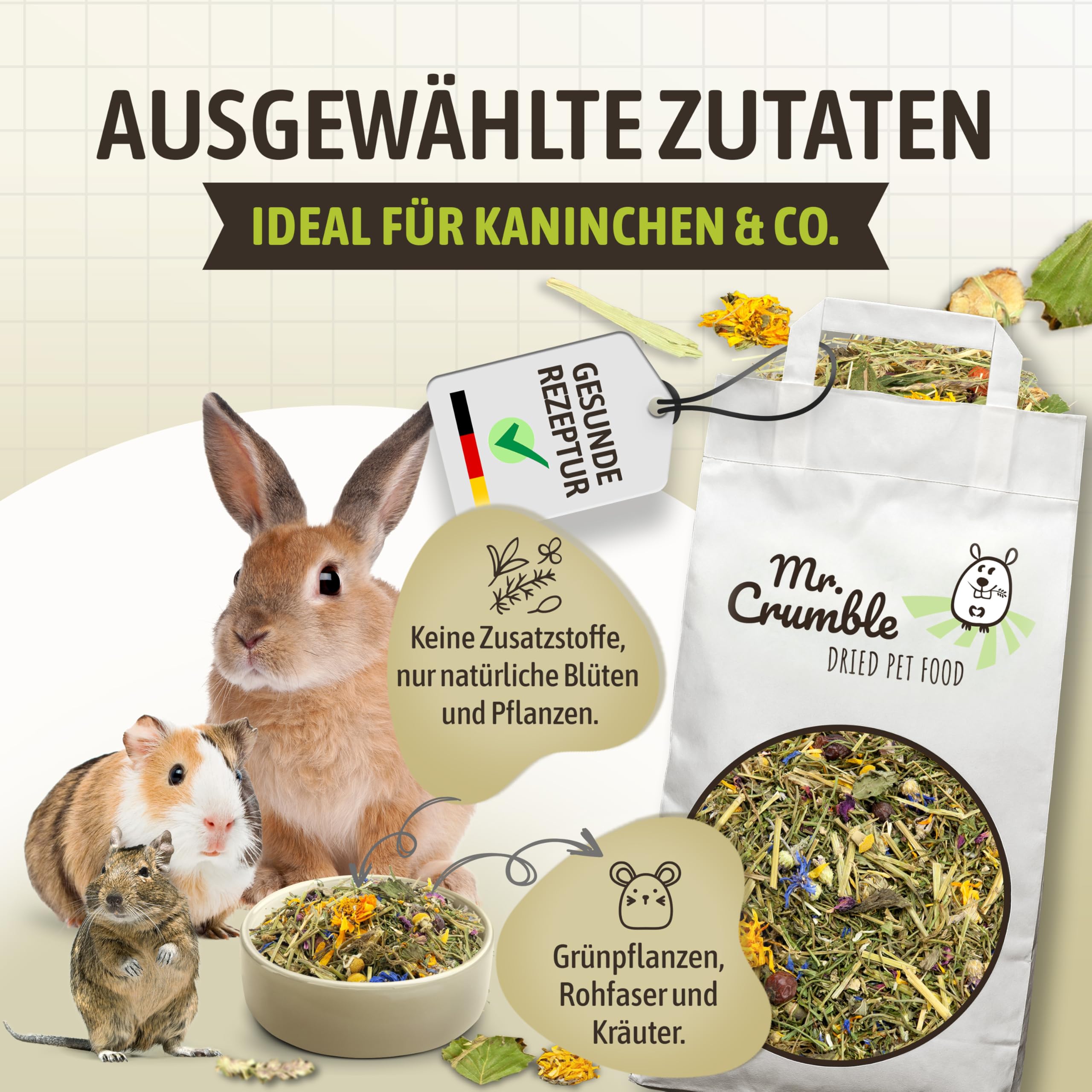Mr. Crumble Struktur-Futter Wildwiese 5 kg – Getreidefrei & Pelletfrei – mit Kräutern & Blüten – hoher Rohfaseranteil für Verdauung & Zahnpflege bei Kaninchen, Chinchillas, Meerschweinchen & Degus