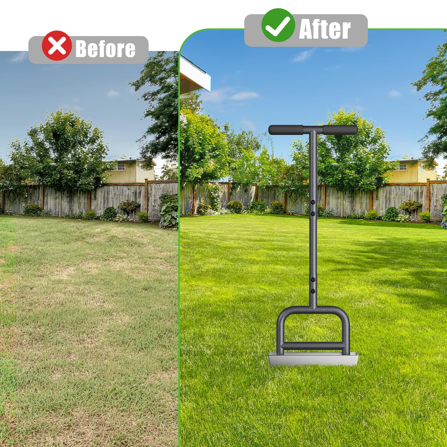 Yornoli Lawn Aerator Tool – Heavy Duty Hollow Tine Manual Coring Aerator with 4 Stainless Steel Pluggers, Soil Core Storage Tray & Long Handle Soft Grip for Compacted Soil Lawn Health & Clay Release — view 6