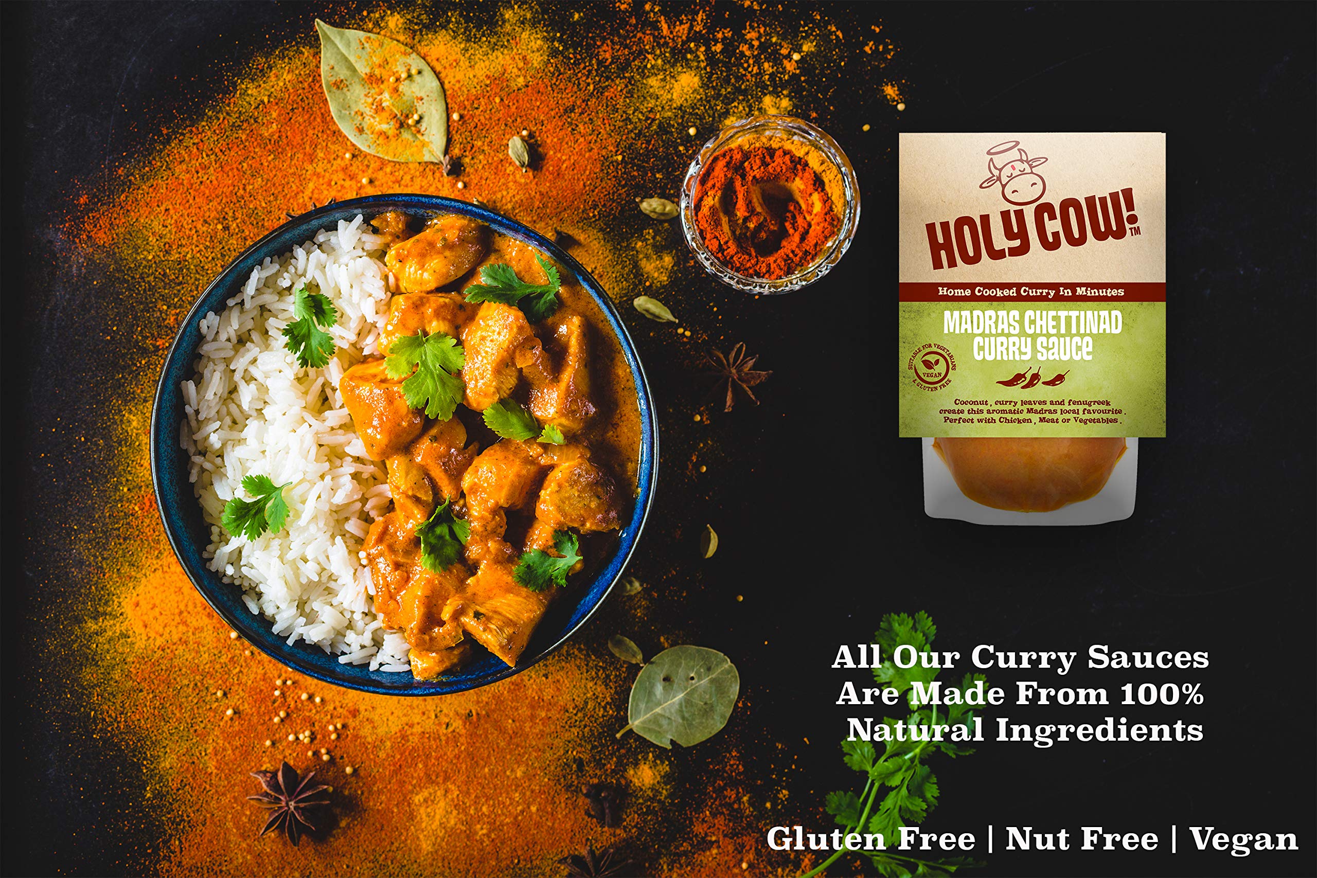 Holy Cow! Sauces curry, sauce au curry de Madras Chettinad 250g (Lot de 3)