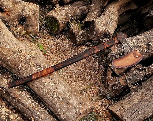 Vista 54 de Hacha vikinga – Hacha de hacha de acero al carbono de alta calidad con funda de cuero, mango de palisandro de 19 pulgadas, hacha pequeña para HACA