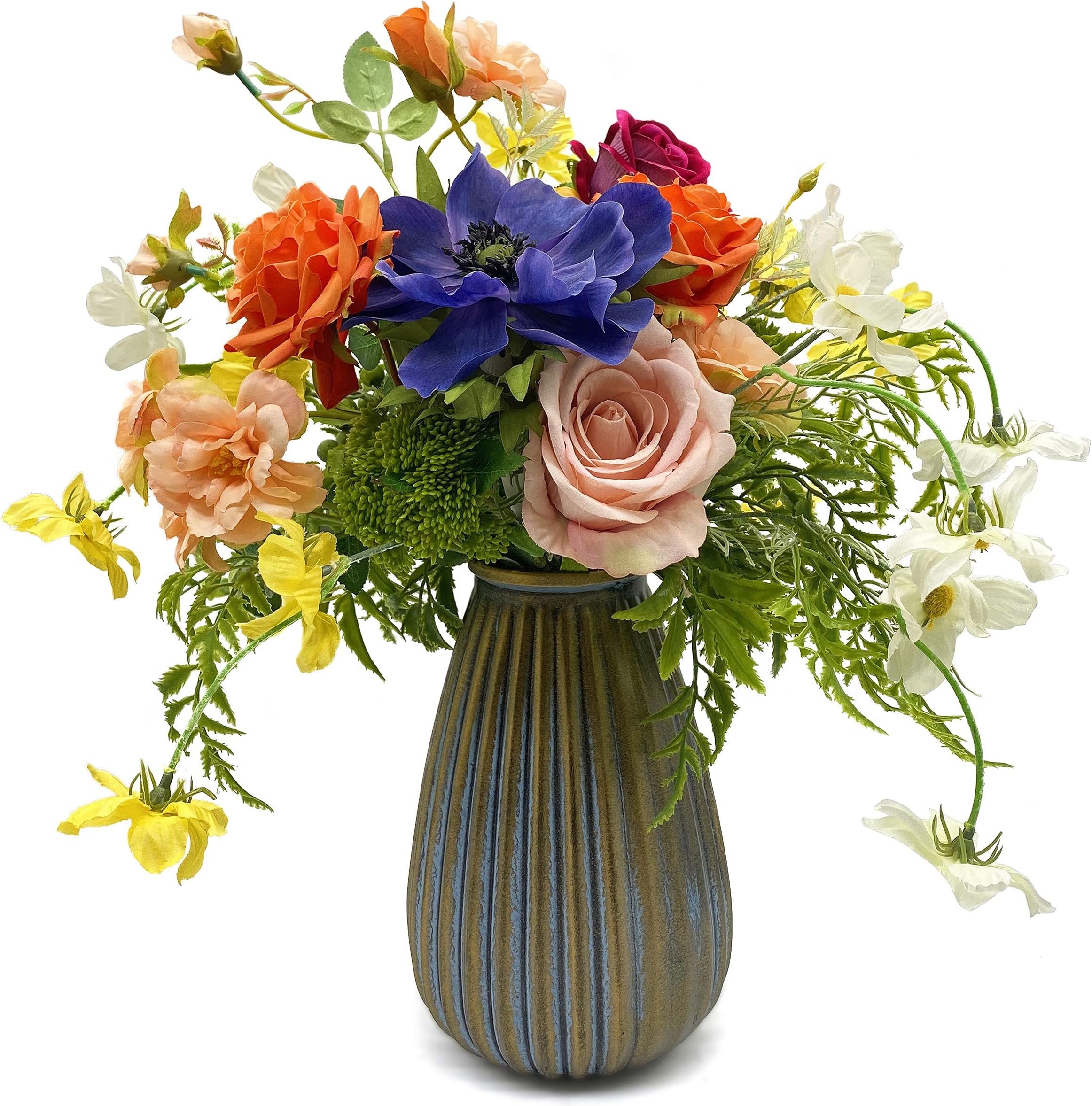 Faux Flowers in Vase, Artificial Flower Arrangement Decoration for Home Kitchen Living Dinning Room Coffee Table Centerpieces (Spring)
