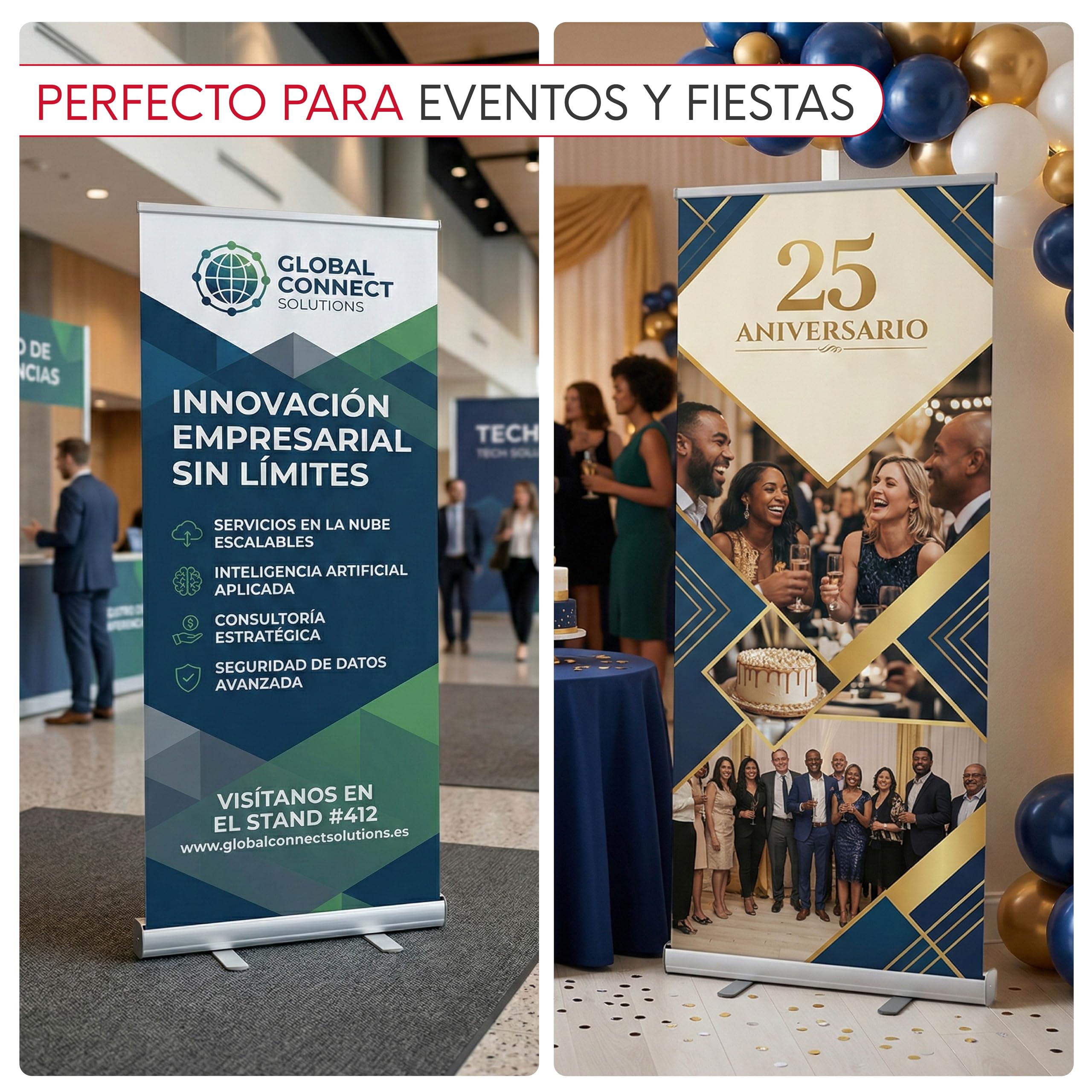 Roll up Personalizado 85x200cm Impresión Incluida en Máxima Calidad | Portátil con Base Estable y Bolsa de Transporte | Display para Ferias, Eventos y Retail