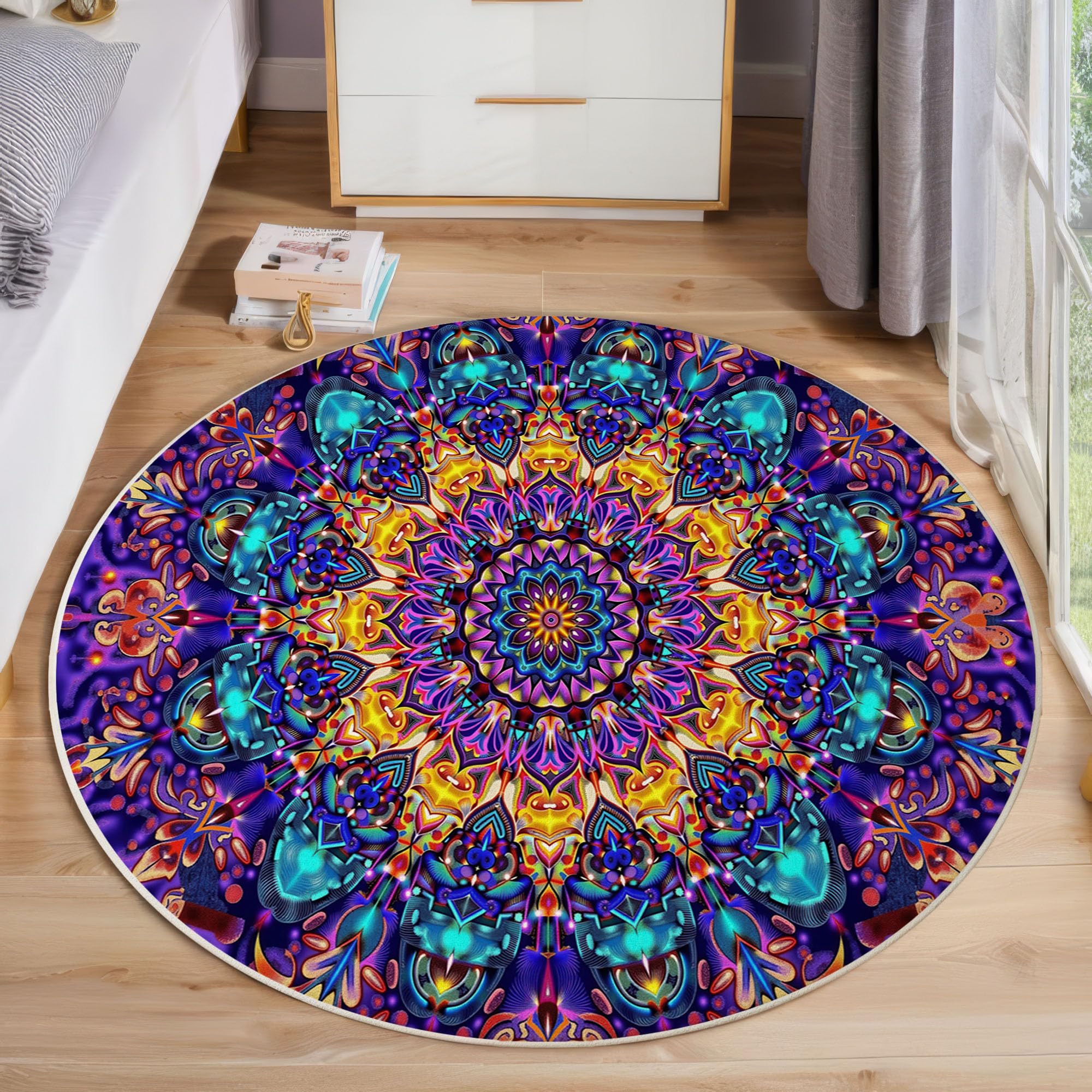 Tapis Rond Salon 160cm Kaléidoscope Mandala, Lavable Art Psychédélique Abstrait Tapis De Sol Décoration Antidérapant pour Chambre Cuisine Terrasse Salle à Manger Intérieur
