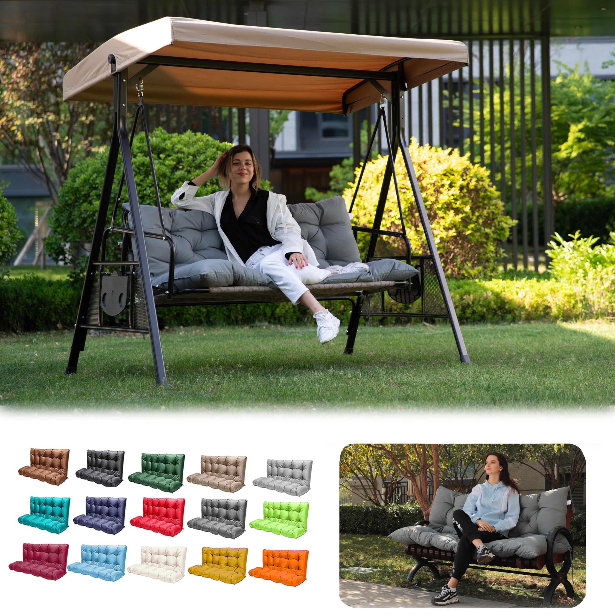 Porch Swing Cushions, Outdoor 3 Seats Swing Cushion Replacement Pad with Backrest, Waterproof Bench Cushion with Ties, for Porch,Garden,Backyard Furniture Patio Lounger (Light Gray 60 * 40 in)