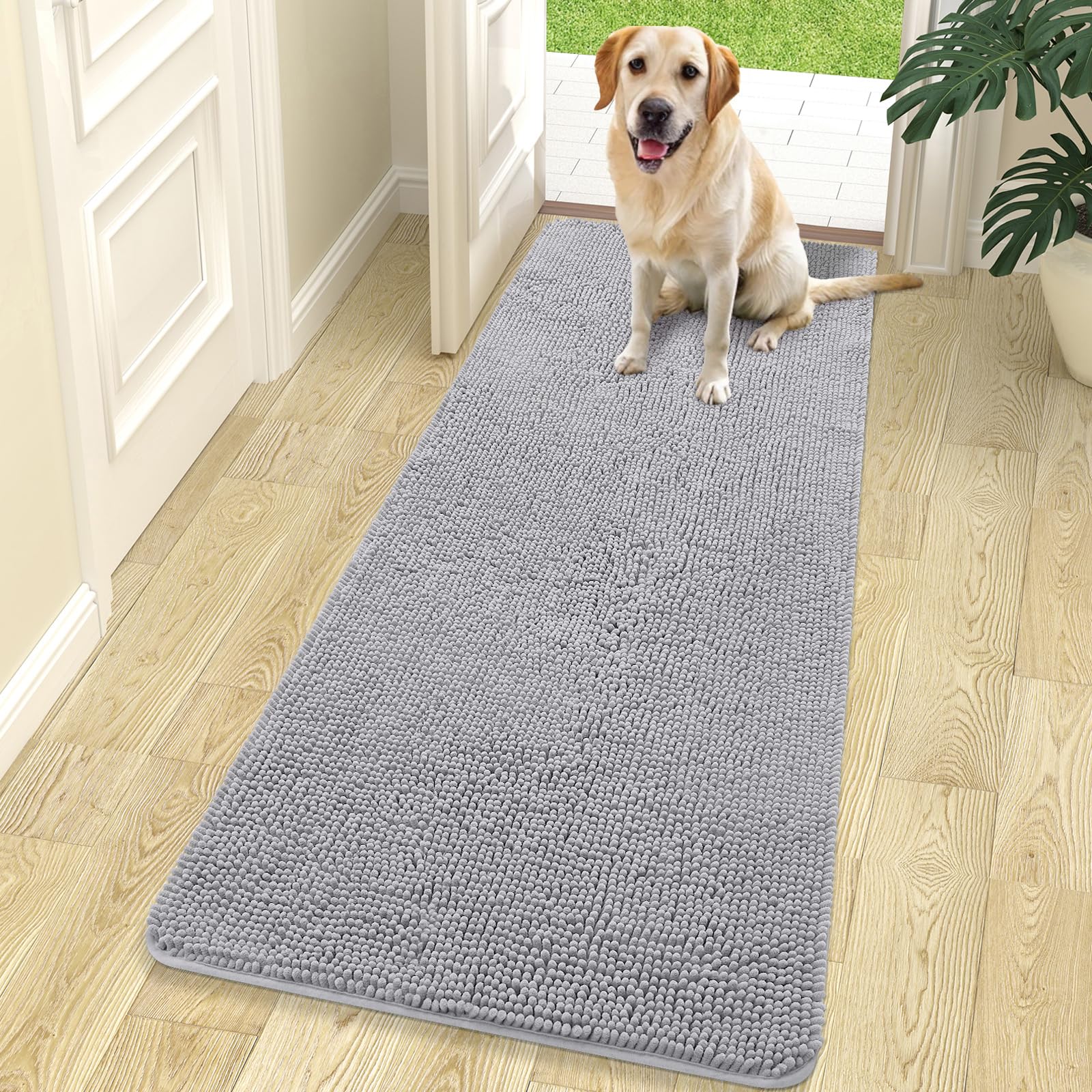 OLANLY Dog Door Mat with Muddy Paws, Absorbs Moisture Dirt Absorbent Non-Slip Washable Quick Dry Dog Entrance Mat Indoor Indoor Floor Grey