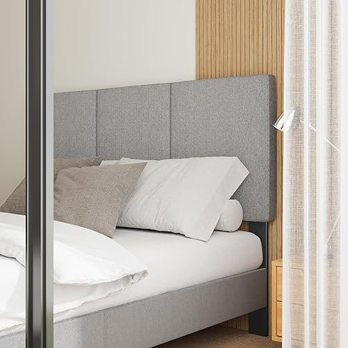 Miniatura 5 de Base de cama tamaño Queen con cabecera tapizada, listones de madera resistentes, no requiere somier, silencioso, fácil montaje, gris