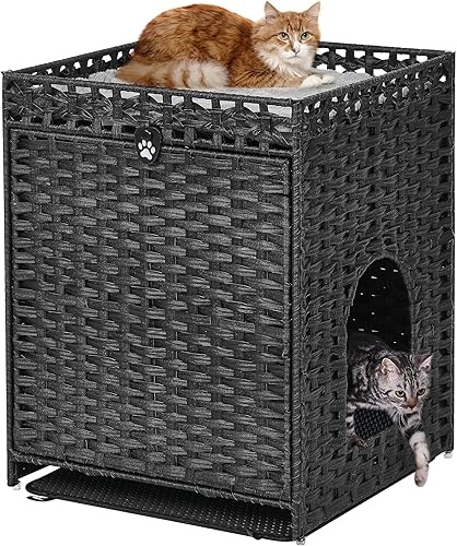 Caja de arena para gatos con alfombrilla de arena suave muebles ocultos de baño para gatos con puerta casa de gato de ratán tejida a mano jaula para