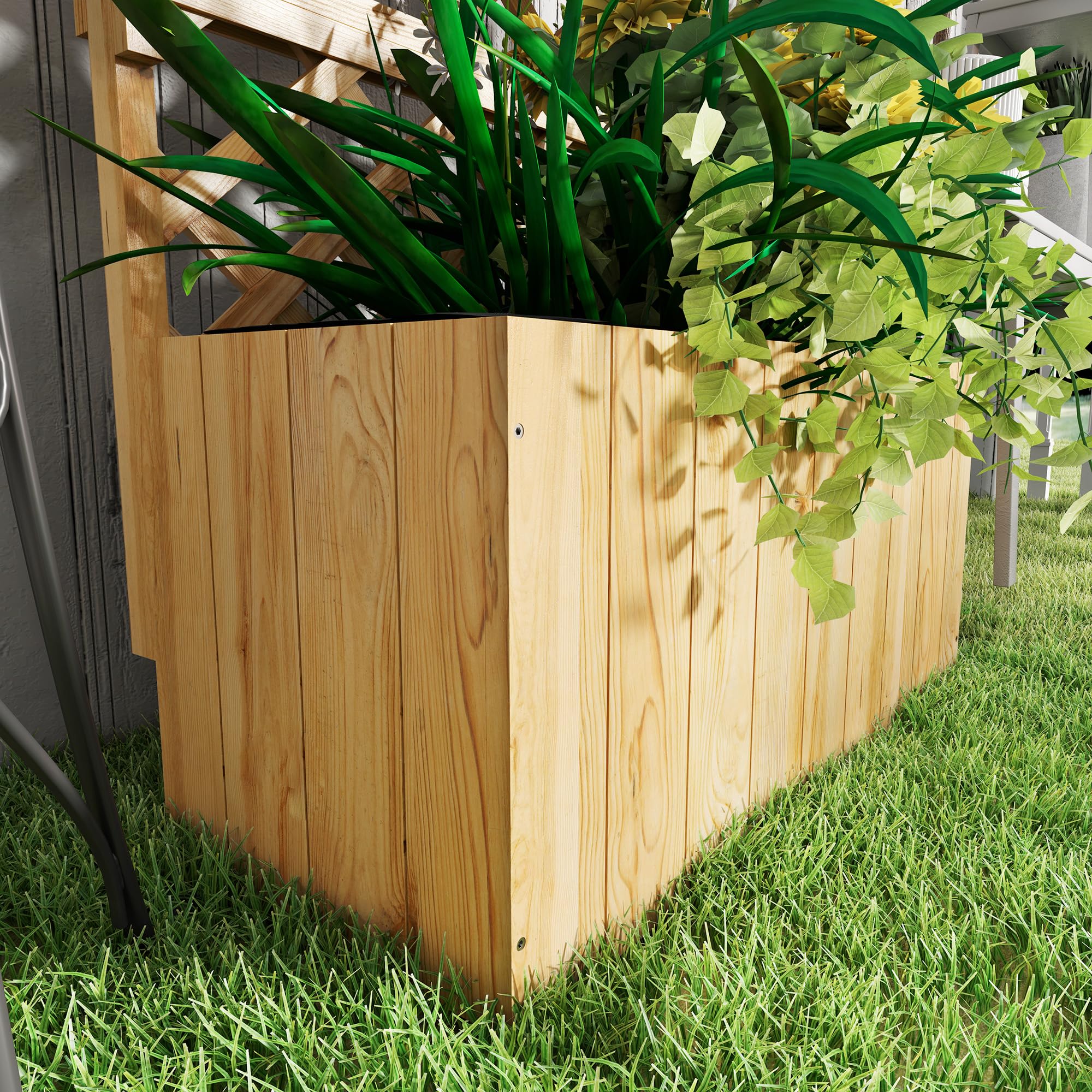 Outsunny Jardinière avec Treillis, Lit Surélevé sur Pied Bois Naturel | Jardin Potager, avec Étagères, Trous de Drainage, Doublure, Bac à Fleurs, Pot de Plantes, Balcon Terrasse Patio