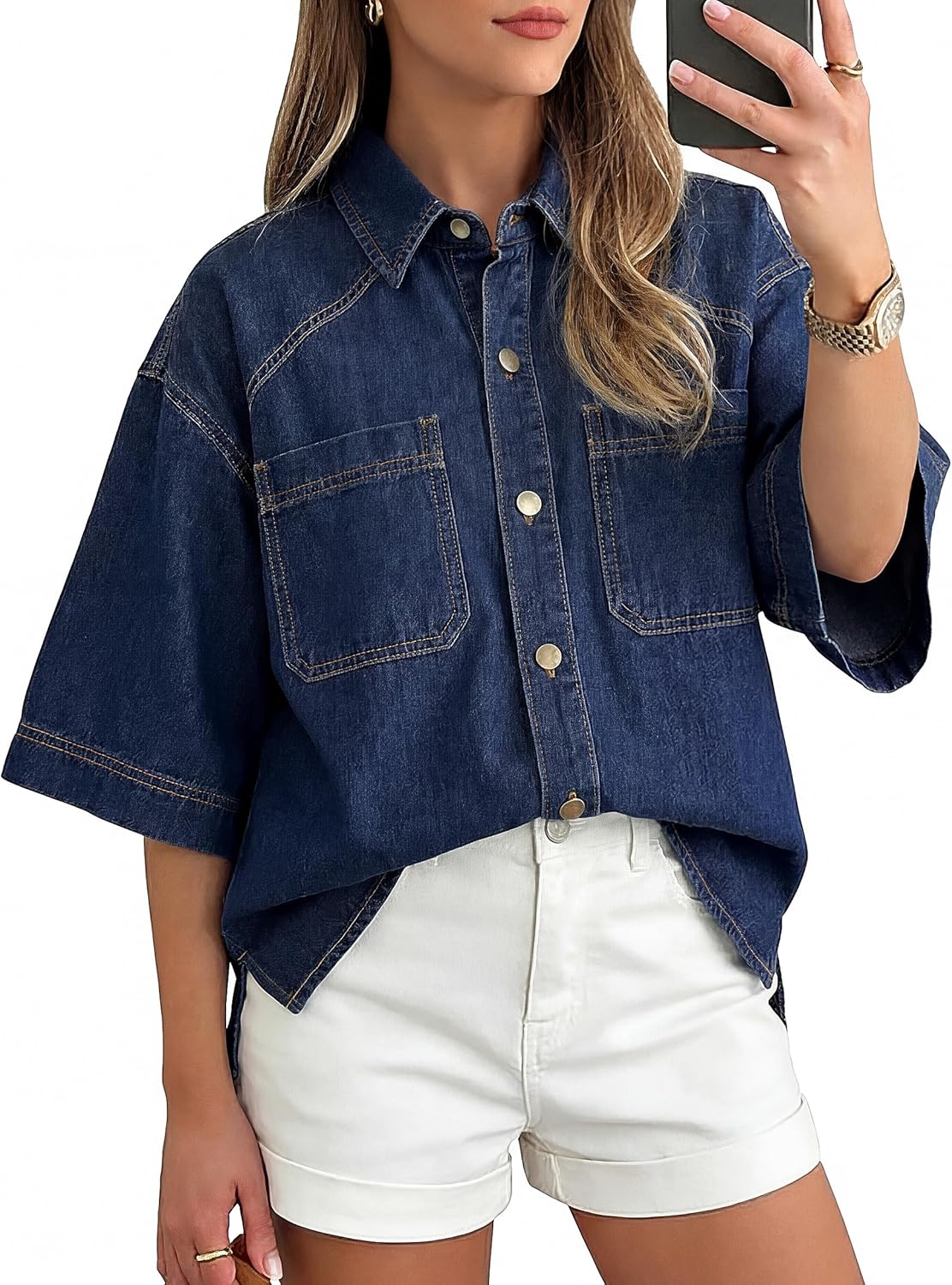 Women's Denim Shirt Button Down Jean Shirts Short Sleeve Blouses Casual Summer Tops Trendy Outfits 2026