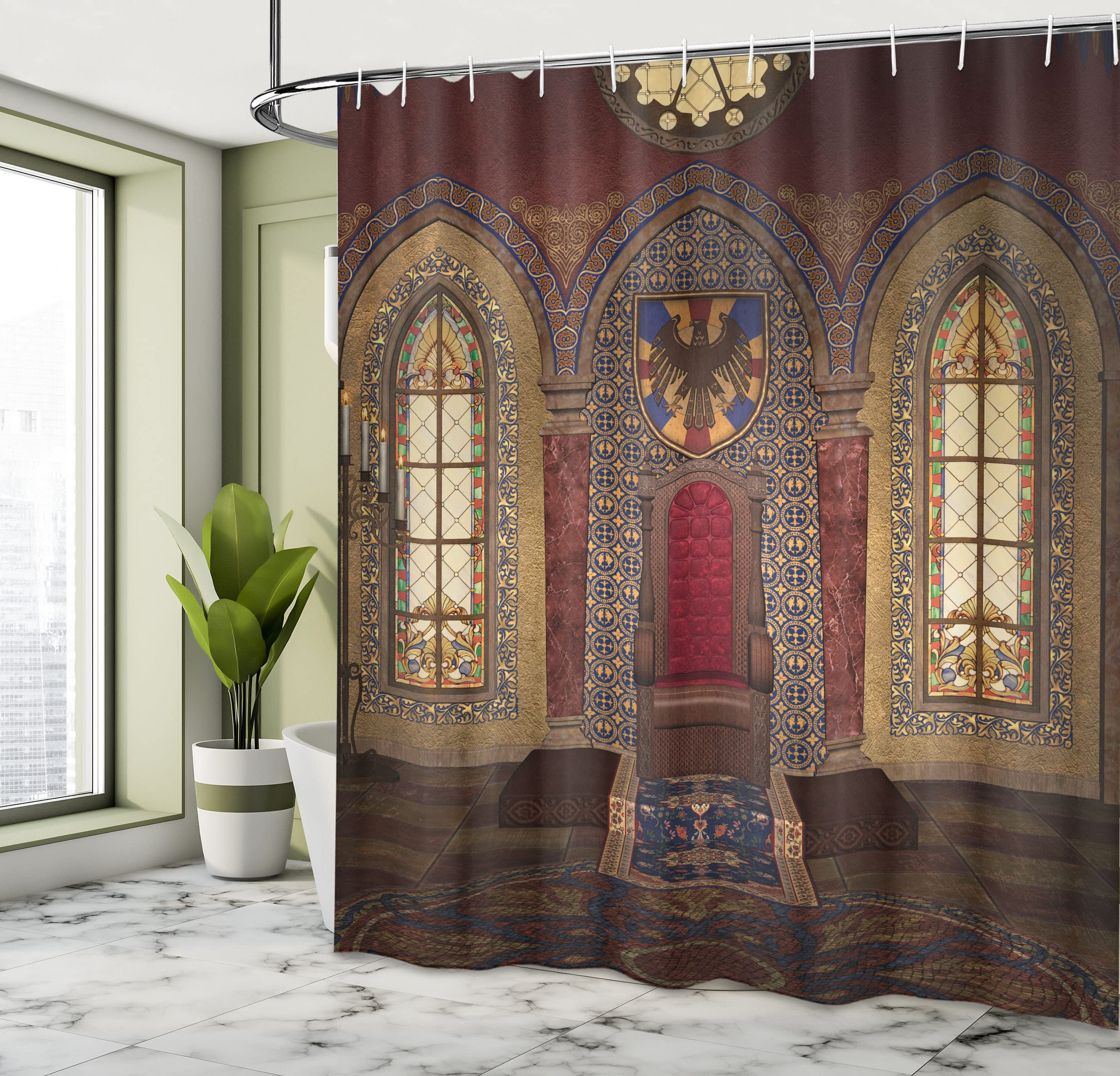 ABAKUHAUS Gothic Shower Curtain, Red Medieval in Chapel Eagle Portrait on Wall Fantasy Building Print - Image 4