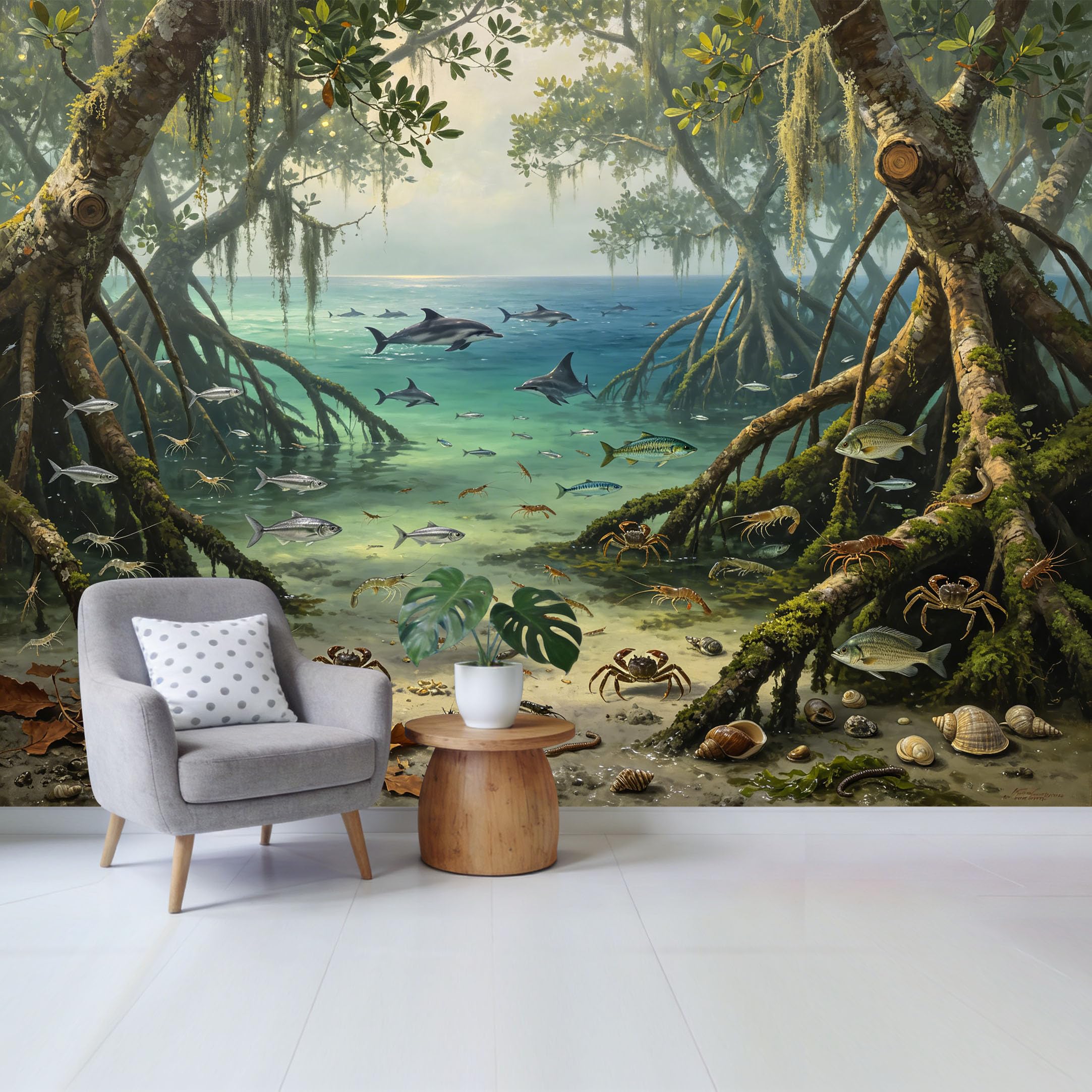 Custom Size Wall Mural Coastal Mangrove Forest Ocean Marine Life Dolphins Fish Crabs Watercolor Removable Self Adhesive Fabric Home Wall Decor for Living Room Bedroom Bathroom