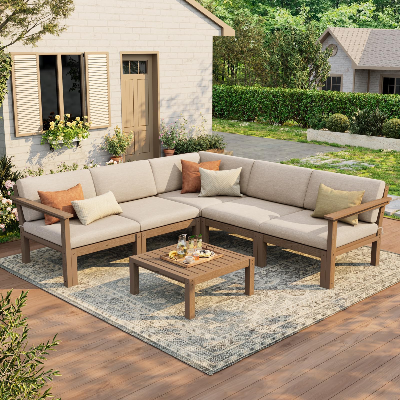 Stoog Modular Patio Conversation Set, 6-Piece All-Weather Convertible Outdoor Sectional - Waterproof HIPS Frame with Quick-Dry Olefin Cushions, Teak