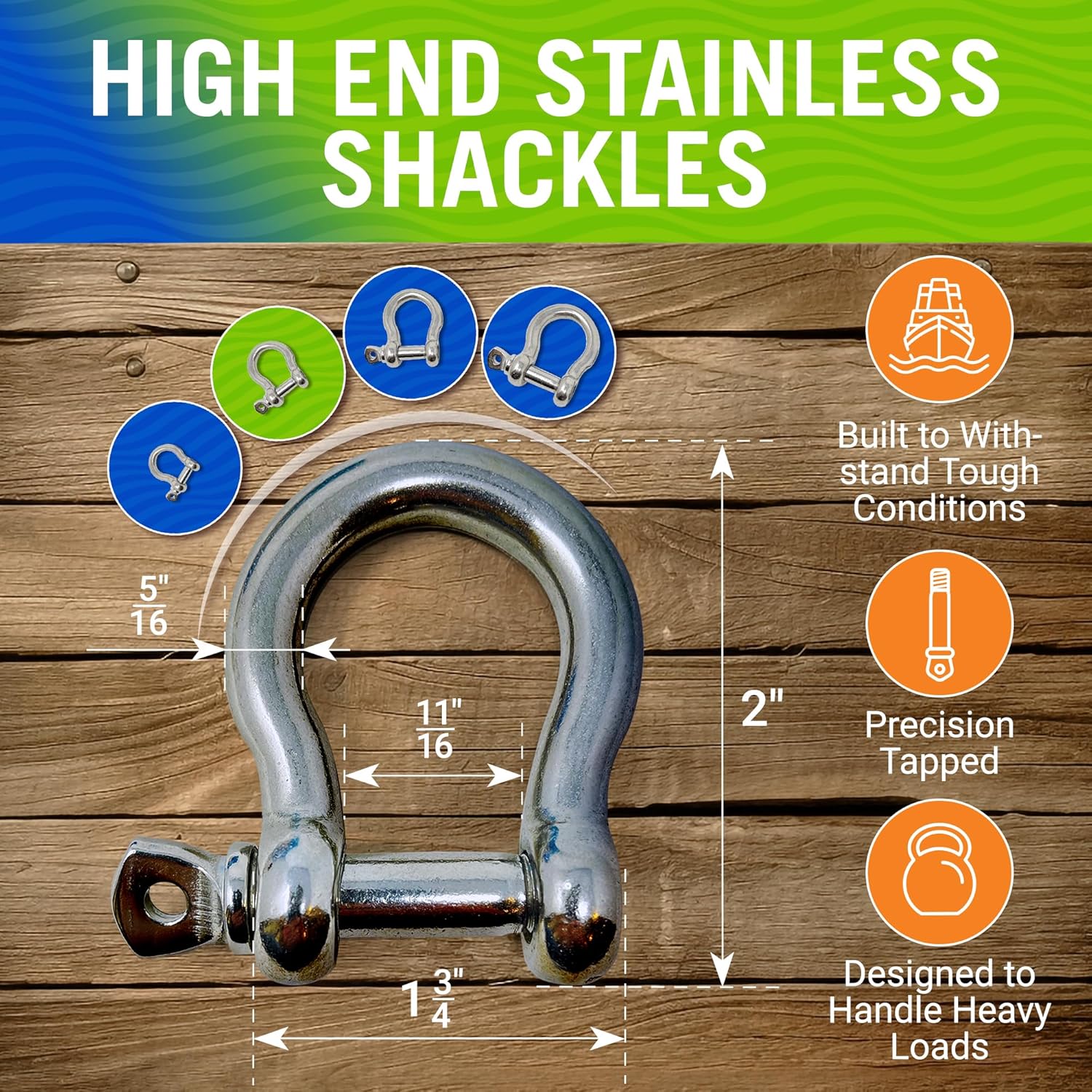 Premium Stainless Steel D-Ring Shackles, Marine Grade, 4-Pack, 1/2", 3/8", 5/16", 1/4", Mini Bow or Clevis Anchor Shackle for Boat, Sailboat, Chain, Rigging Clasp - Image 3