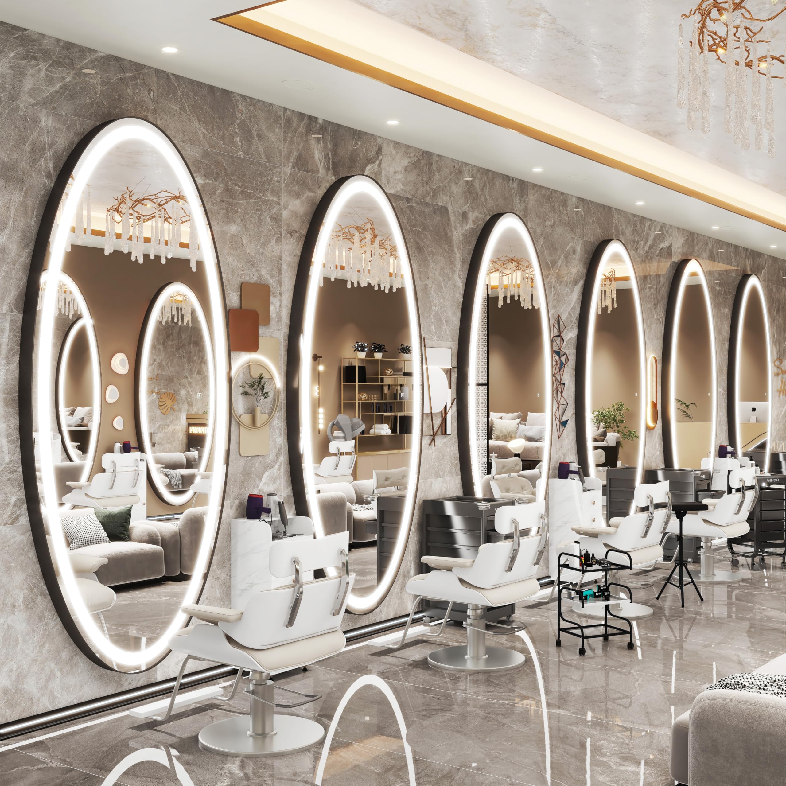 fennio 70" x 36" large wall mounted mirror with led lights, oval full length led lighted full body dressing mirror for bedroom, salon, brushed aluminum frame, tempered glass