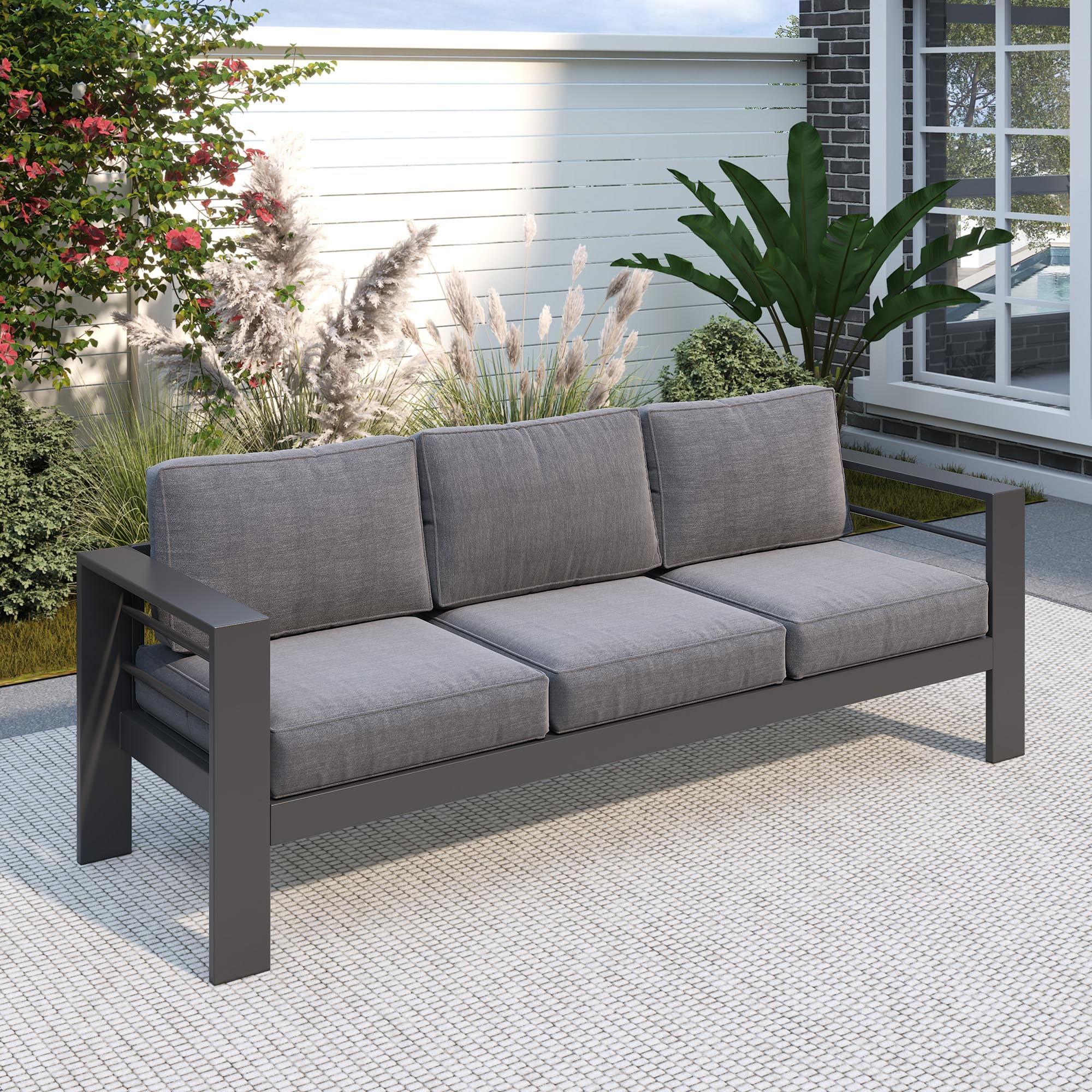 Solaste Outdoor Couch Aluminum Patio Furniture Sofa, 3-Seat All-Weather Metal Outdoor Patio Furniture with Cushions,Dark Grey