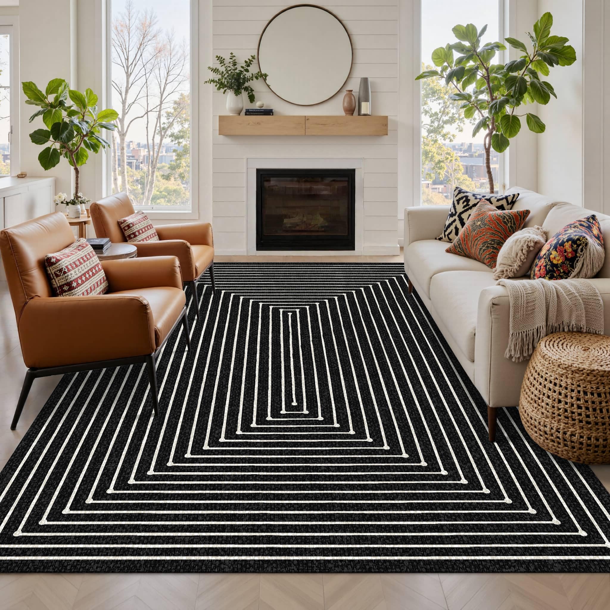 Modern Abstract Black Area Rug 5x7