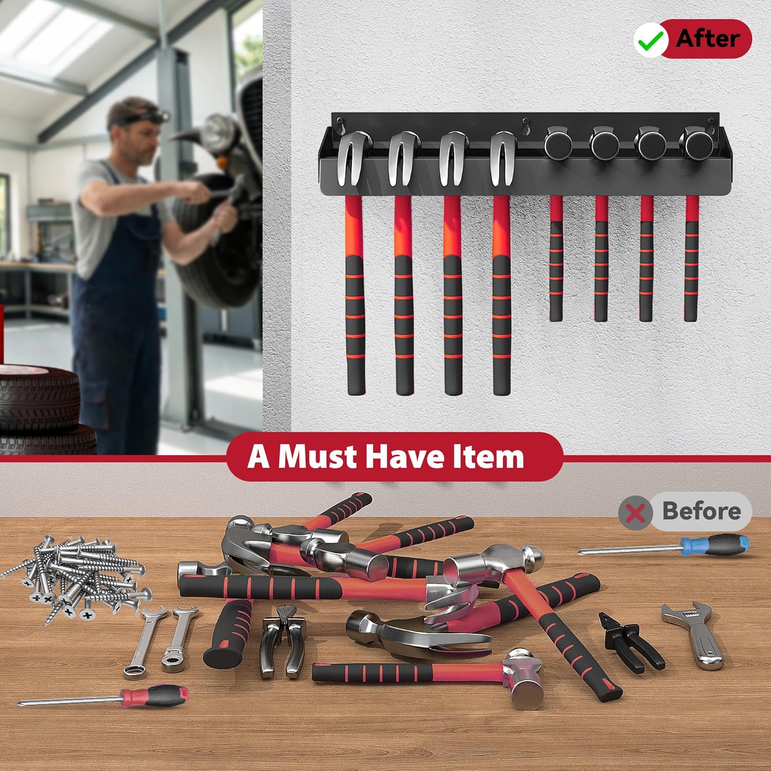 Hammer Holder Wall Mount Hammer Organizer Hand Tool Storage Kit Rack for Garage, Home, Workshop, Factory and More