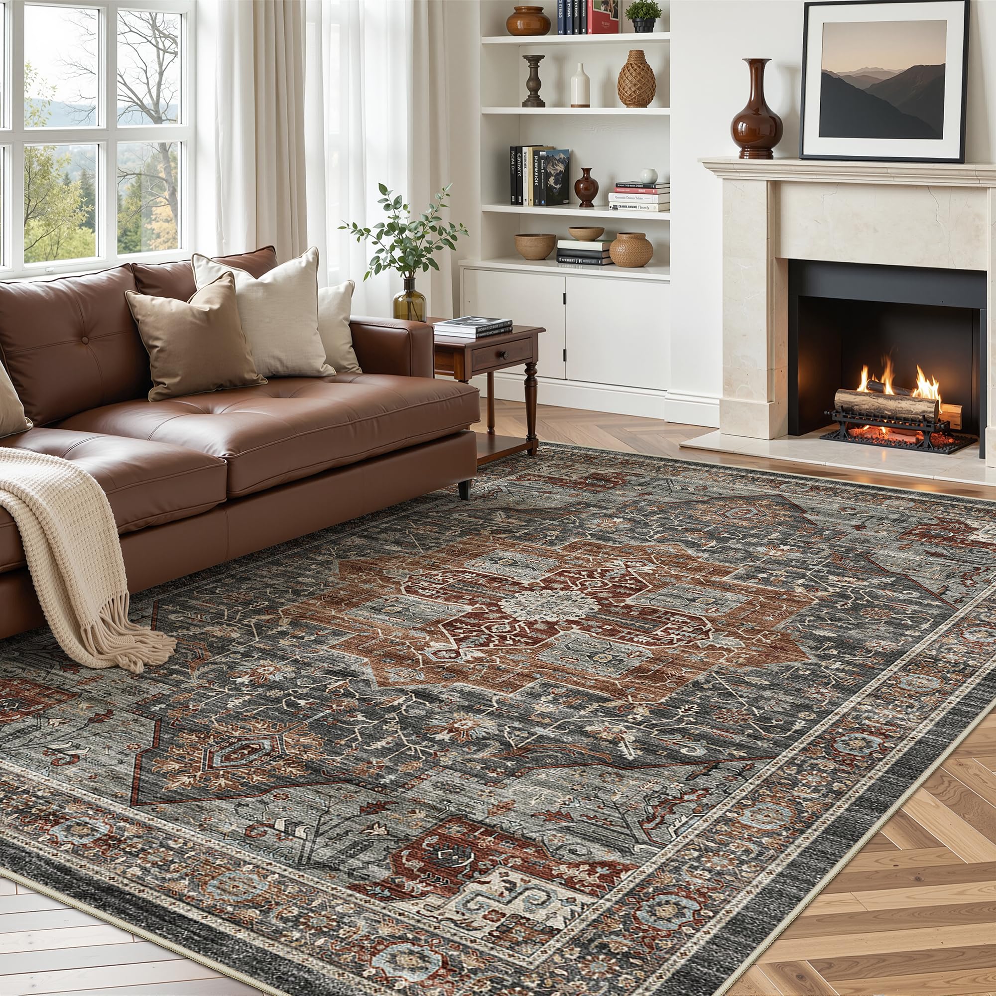 Roxstand 5x7 Area Rugs, Stain Resistant Machine Washable Area Rugs with Non-Slip Backing, Vintage Rugs for Bedroom, Living Room, Large Soft Low Pile