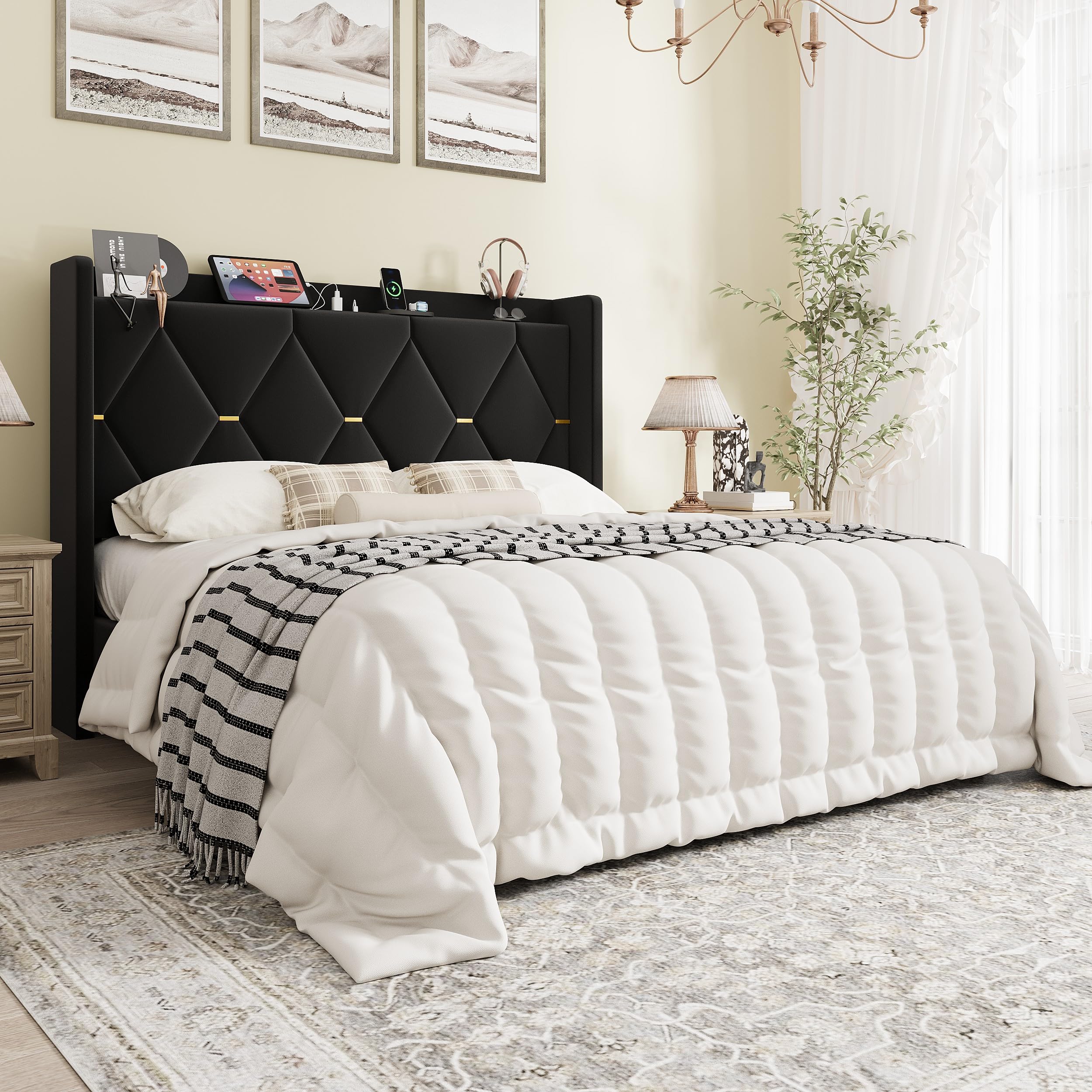 SHA CERLIN Queen Velvet Upholstered Bed Frame with Charging Station, Modern Wingback Storage Headboard, Diamond Stitched & Gold Trim, No Box Spring
