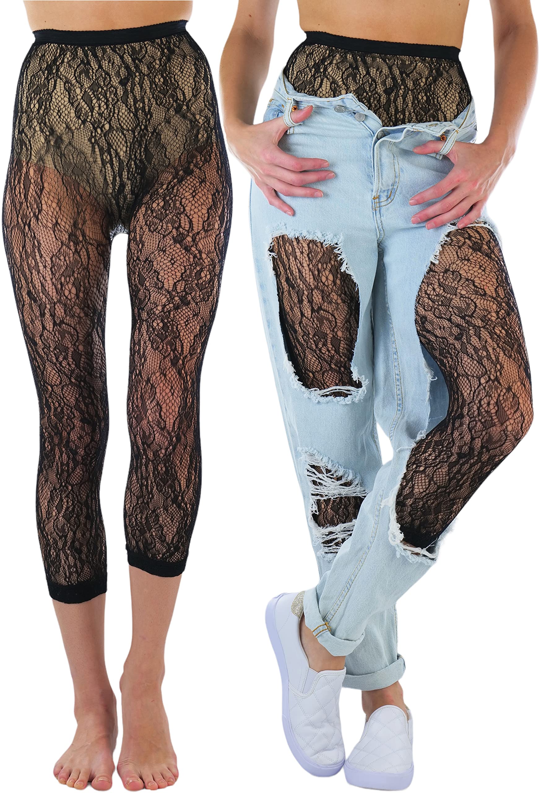 ToBeInStyle Women's Single Floral Lace Fishnet Tights Footless &amp; Stirrup Design